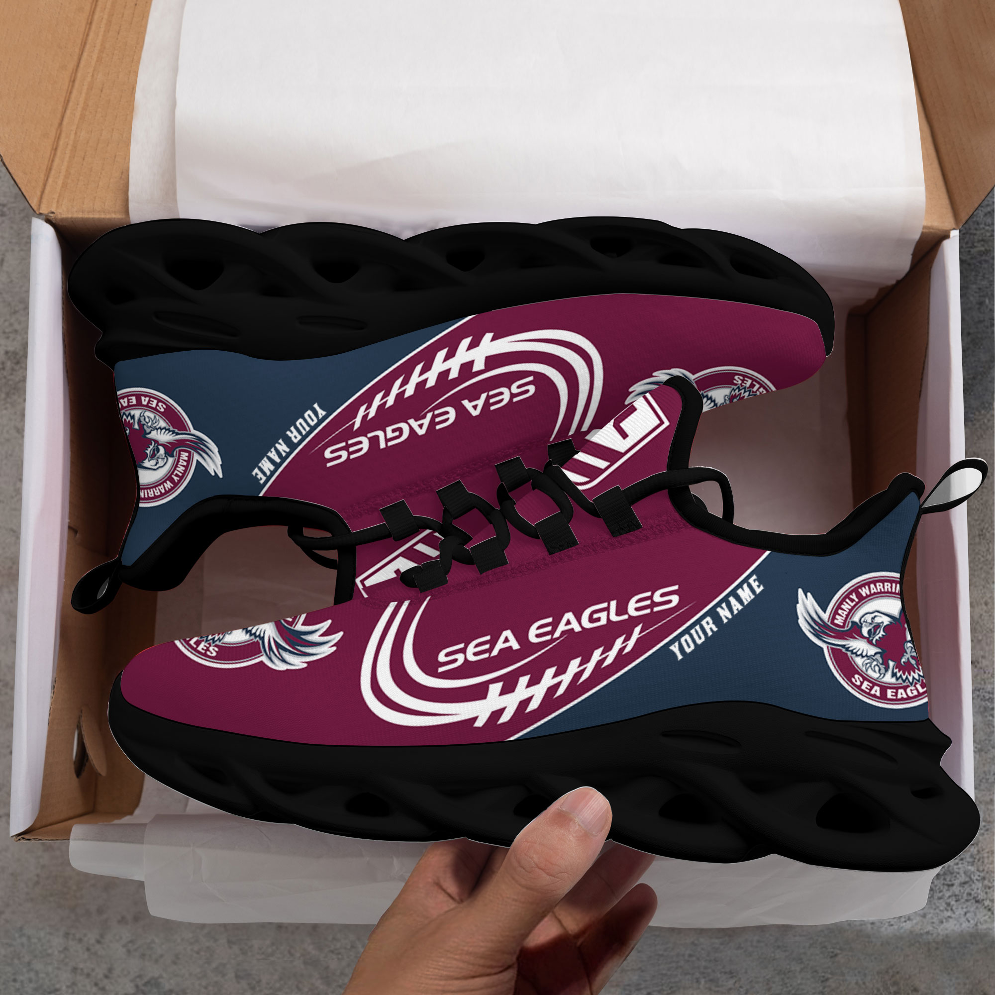 Custom Name Manly Sea Eagles PERSONALIZED MAX SOUL SHOES DS006 - Famjoys Custom Name Manly Sea Eagles PERSONALIZED MAX SOUL SHOES DS006 - Famjoys