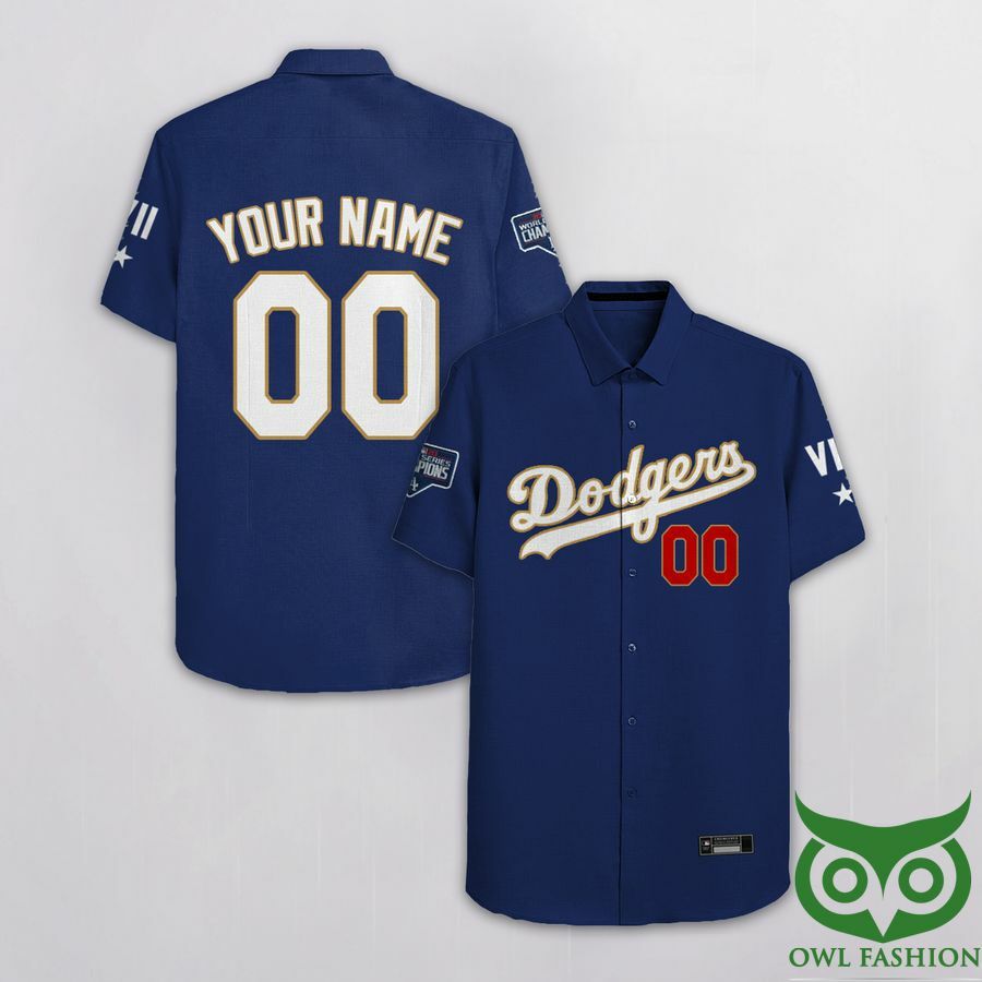 Custom Name Number Los Angeles Dodgers Dark Blue Hawaiian Shirt - Famjoys Custom Name Number Los Angeles Dodgers Dark Blue Hawaiian Shirt - Famjoys
