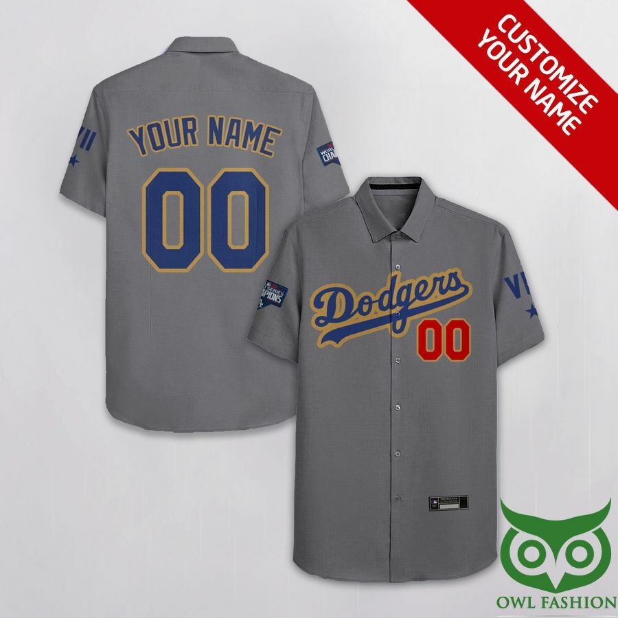 Custom Name Number Los Angeles Dodgers Gray Hawaiian Shirt - Famjoys Custom Name Number Los Angeles Dodgers Gray Hawaiian Shirt - Famjoys