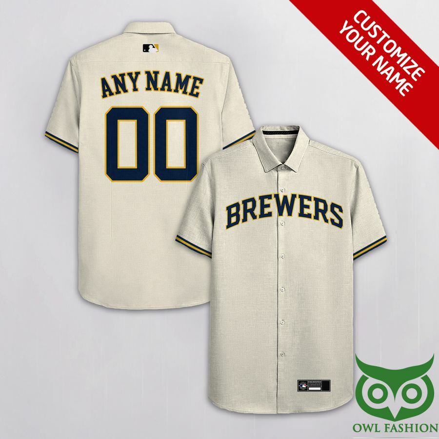 Custom Name Number Milwaukee Brewers Beige Hawaiian Shirt - Famjoys Custom Name Number Milwaukee Brewers Beige Hawaiian Shirt - Famjoys