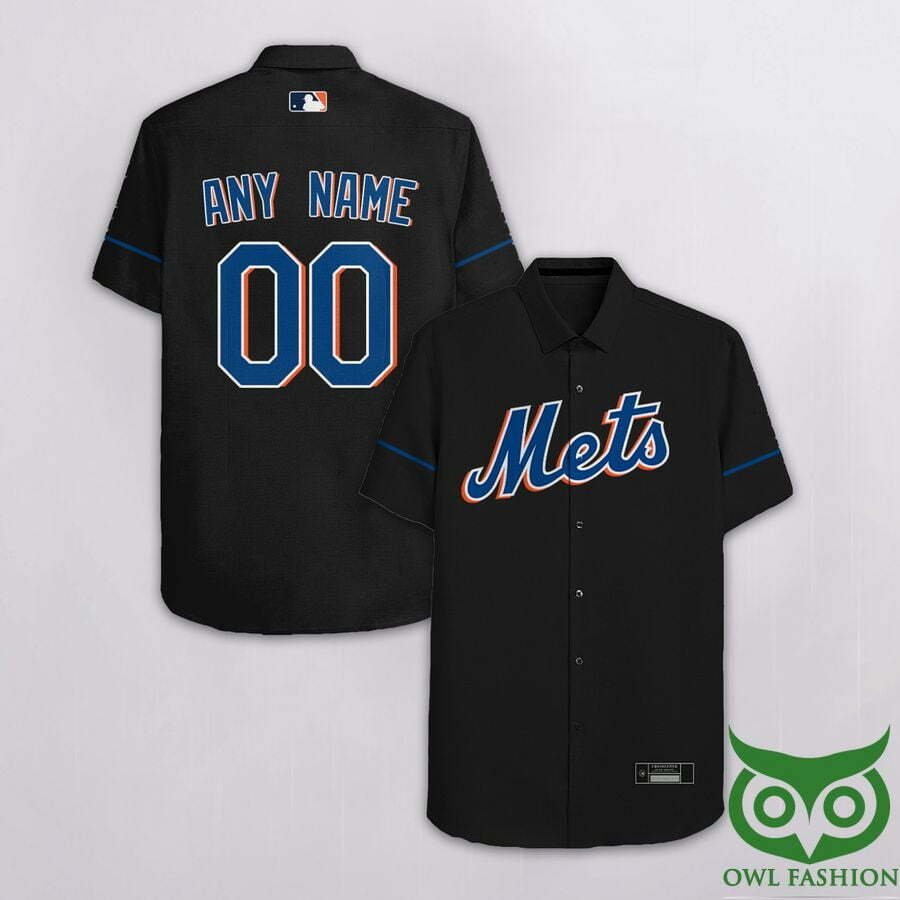 Custom Name Number New York Mets Black Blue Hawaiian Shirt - Famjoys Custom Name Number New York Mets Black Blue Hawaiian Shirt - Famjoys