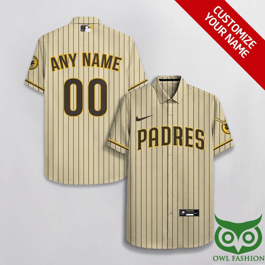 Custom Name Number San Diego Padres Beige And Brown Stripes Hawaiian Shirt - Famjoys Custom Name Number San Diego Padres Beige And Brown Stripes Hawaiian Shirt - Famjoys
