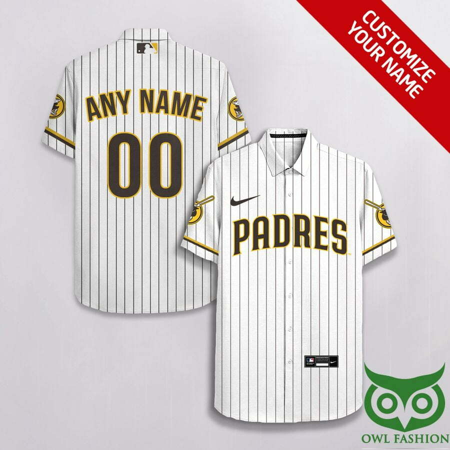 Custom Name Number San Diego Padres White With Vertical Stripes Hawaiian Shirt - Famjoys Custom Name Number San Diego Padres White With Vertical Stripes Hawaiian Shirt - Famjoys