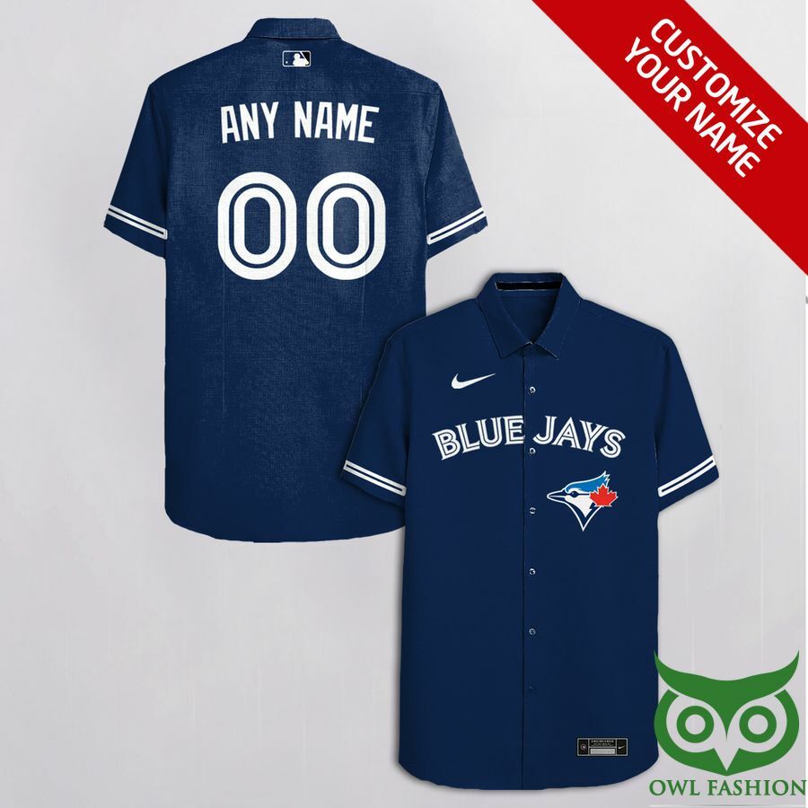 Custom Name Number Toronto Blue Jays Dark Blue Hawaiian Shirt - Famjoys Custom Name Number Toronto Blue Jays Dark Blue Hawaiian Shirt - Famjoys