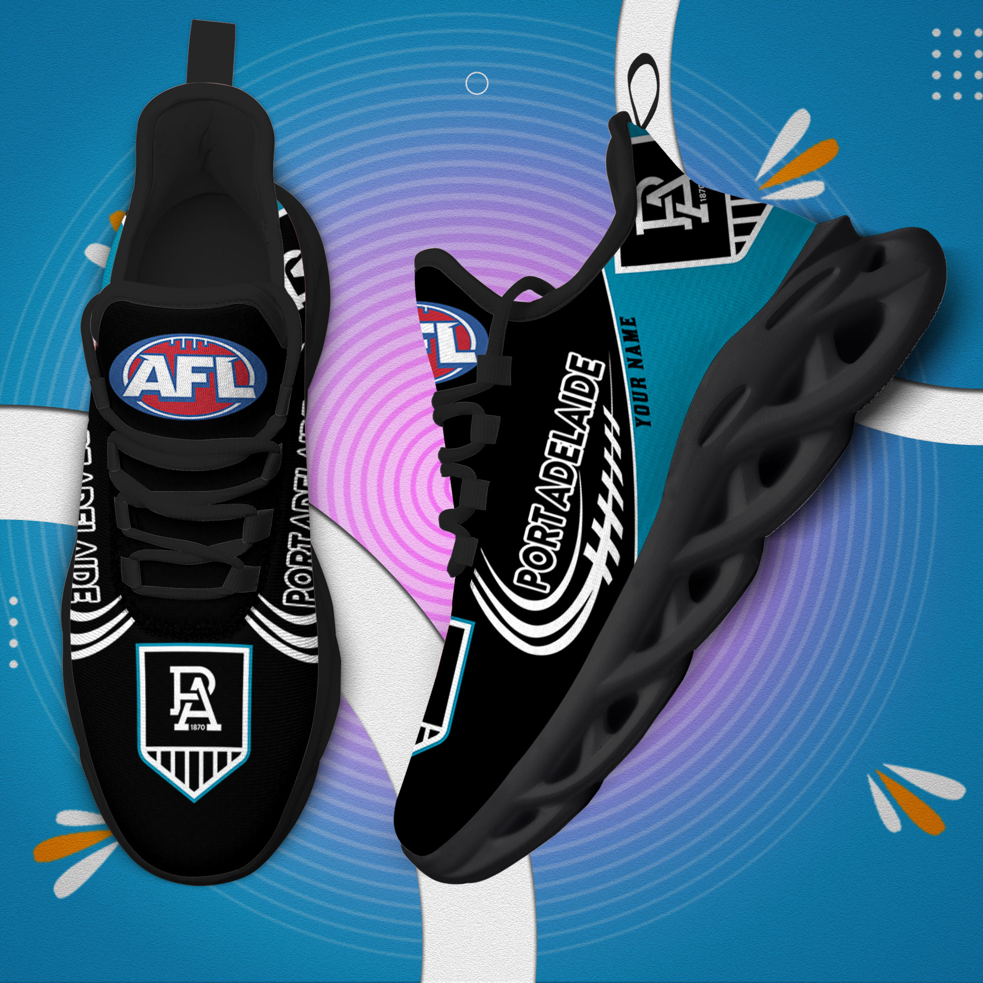 Custom Name Port Adelaide Power PERSONALIZED MAX SOUL SHOES DS006 - Famjoys Custom Name Port Adelaide Power PERSONALIZED MAX SOUL SHOES DS006 - Famjoys