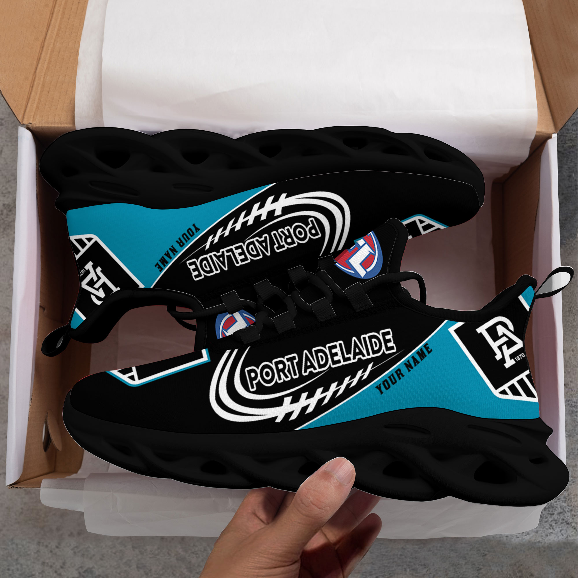Custom Name Port Adelaide Power PERSONALIZED MAX SOUL SHOES DS006 - Famjoys Custom Name Port Adelaide Power PERSONALIZED MAX SOUL SHOES DS006 - Famjoys