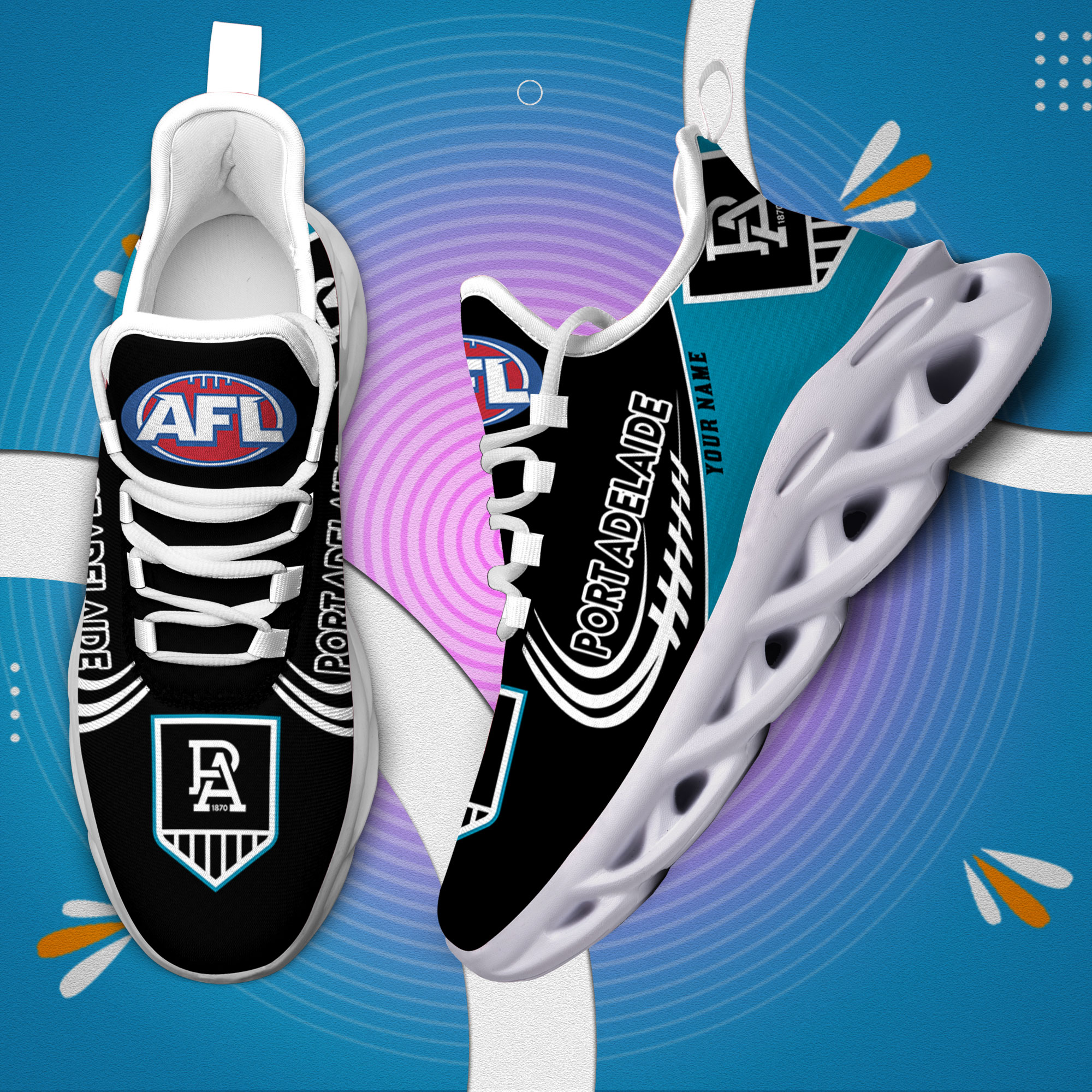 Custom Name Port Adelaide Power PERSONALIZED MAX SOUL SHOES DS006 - Famjoys Custom Name Port Adelaide Power PERSONALIZED MAX SOUL SHOES DS006 - Famjoys