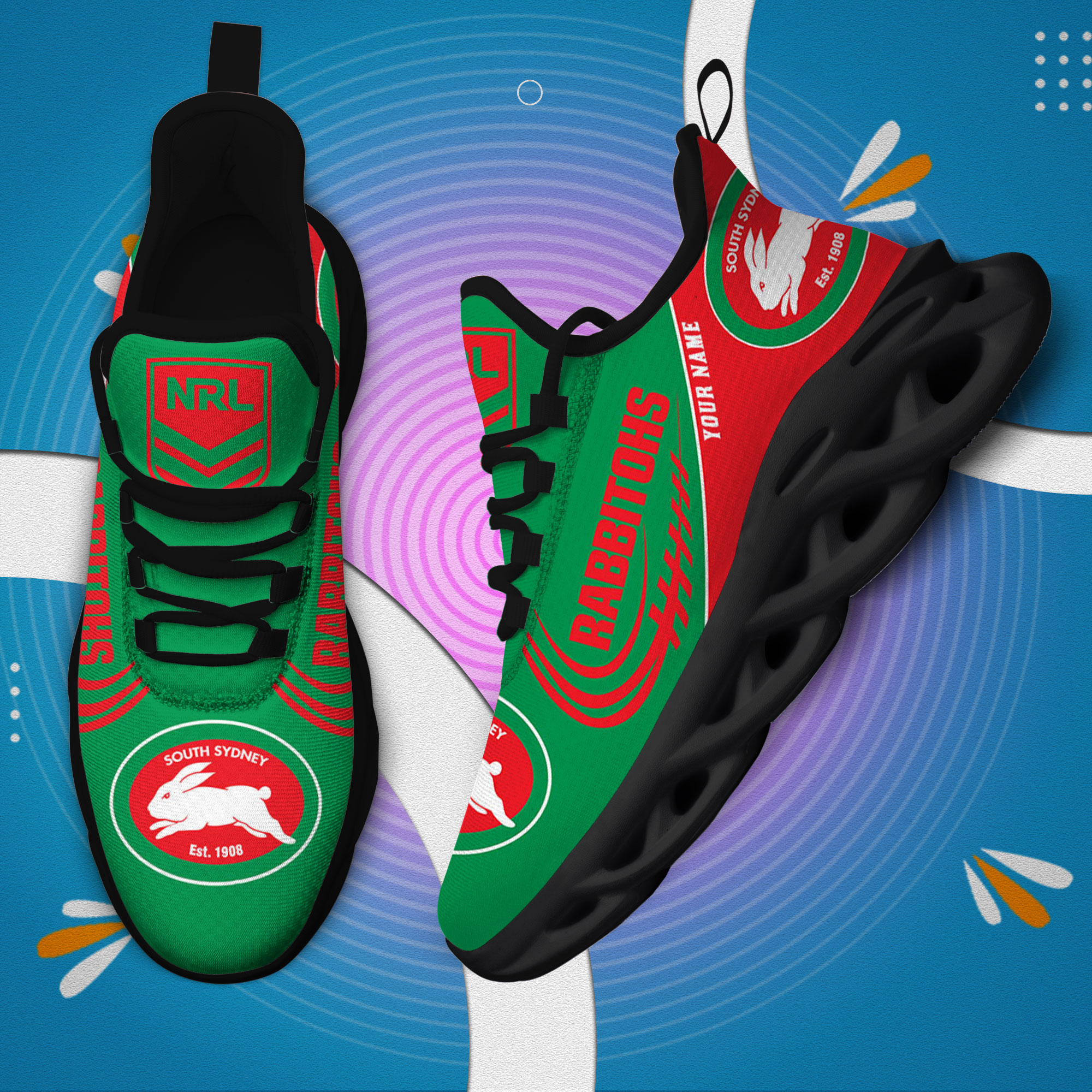 Custom Name South Sydney Rabbitohs PERSONALIZED MAX SOUL SHOES DS006 - Famjoys Custom Name South Sydney Rabbitohs PERSONALIZED MAX SOUL SHOES DS006 - Famjoys