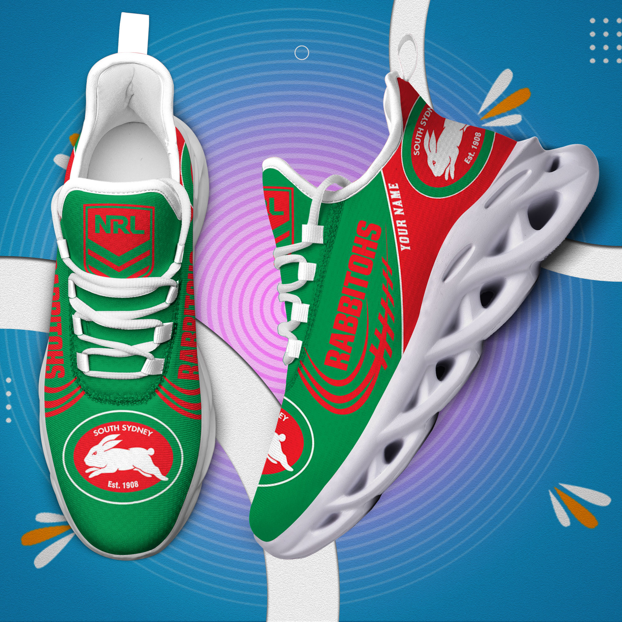 Custom Name South Sydney Rabbitohs PERSONALIZED MAX SOUL SHOES DS006 - Famjoys Custom Name South Sydney Rabbitohs PERSONALIZED MAX SOUL SHOES DS006 - Famjoys