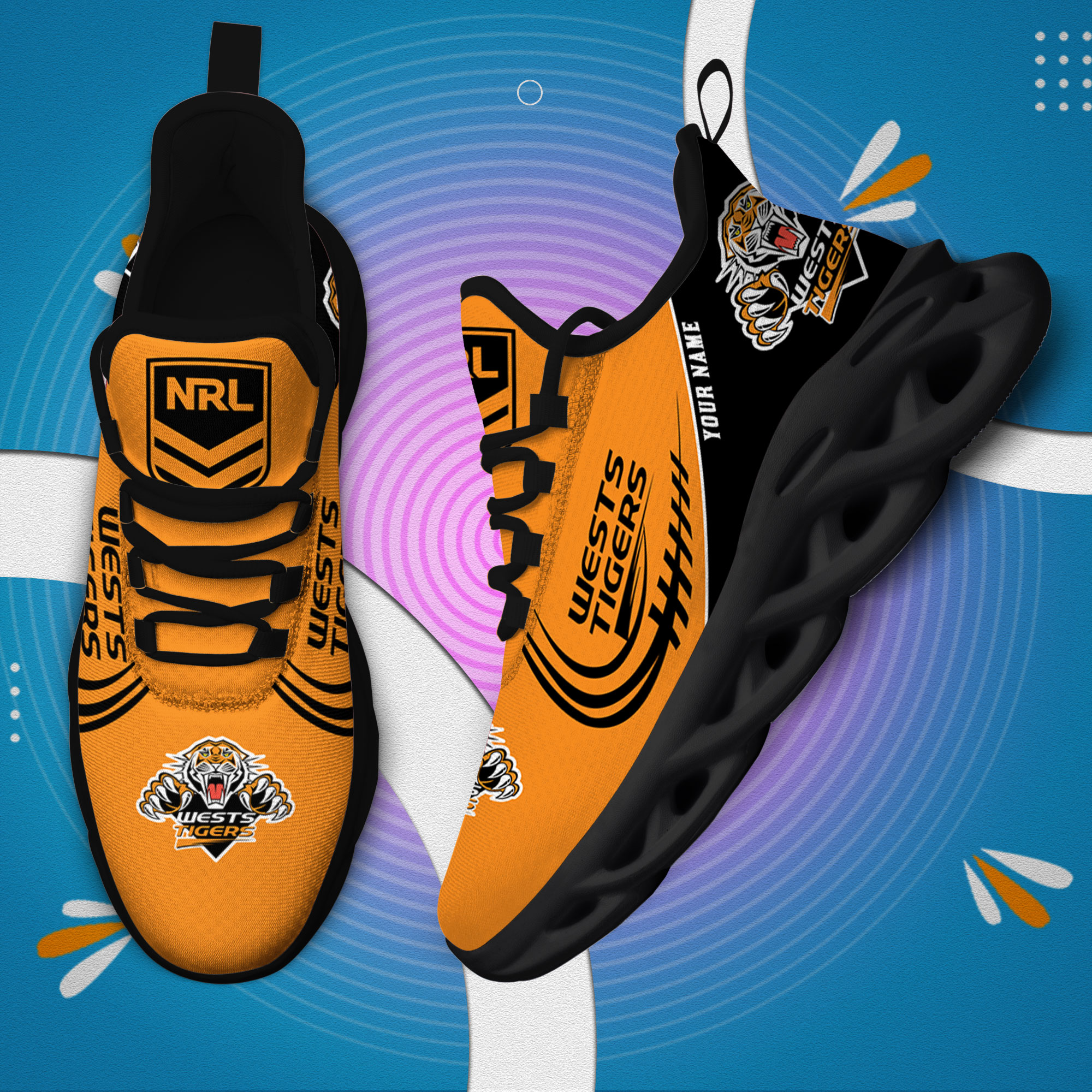 Custom Name Wests Tigers PERSONALIZED MAX SOUL SHOES DS006 - Famjoys Custom Name Wests Tigers PERSONALIZED MAX SOUL SHOES DS006 - Famjoys