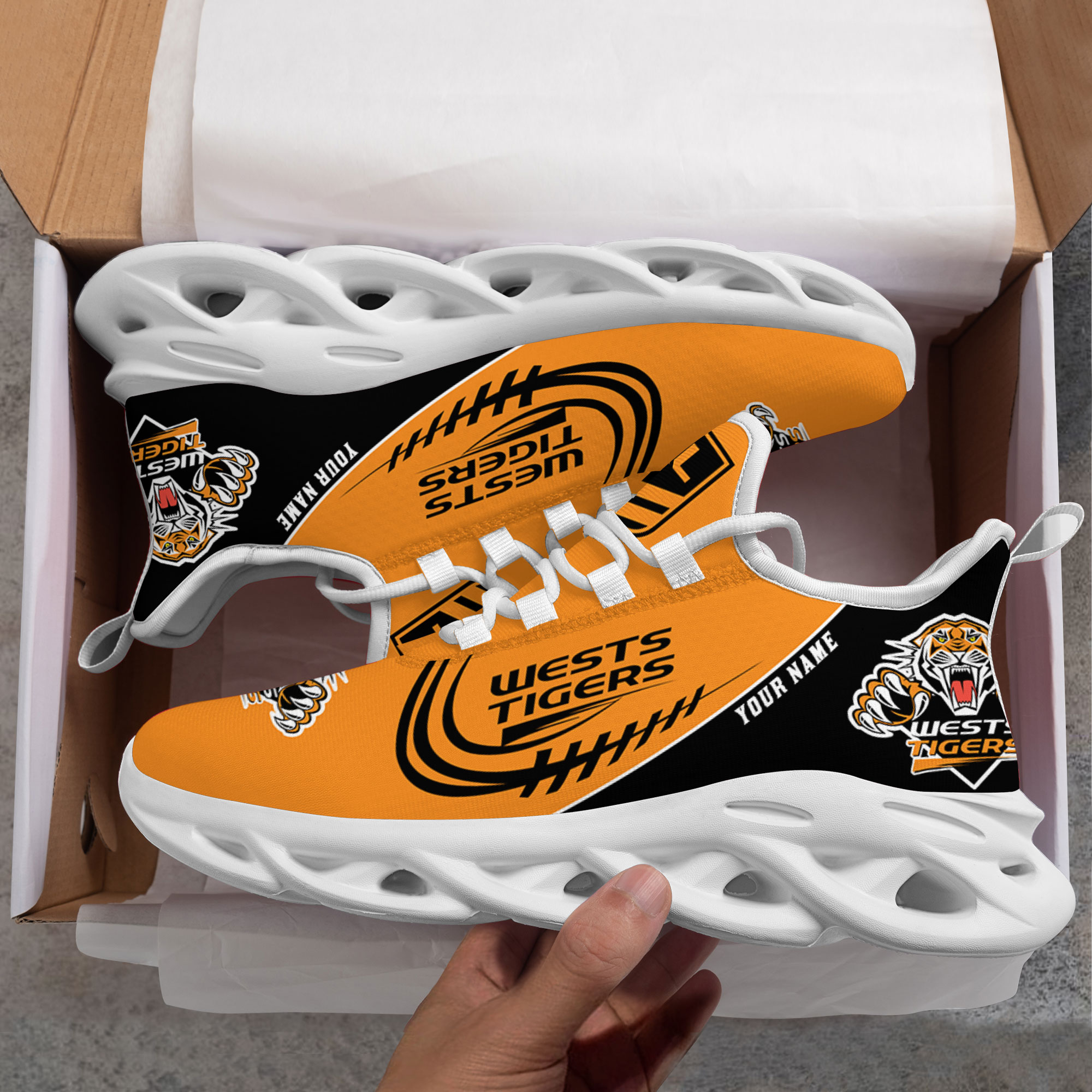 Custom Name Wests Tigers PERSONALIZED MAX SOUL SHOES DS006 - Famjoys Custom Name Wests Tigers PERSONALIZED MAX SOUL SHOES DS006 - Famjoys