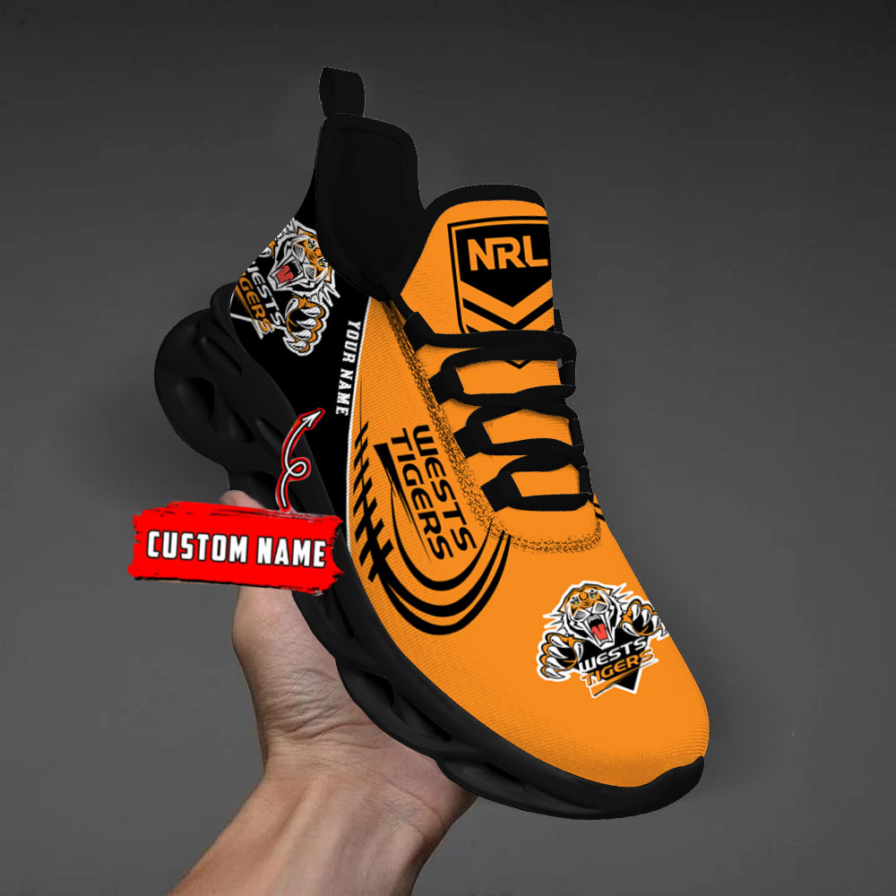 Custom Name Wests Tigers PERSONALIZED MAX SOUL SHOES DS006 - Famjoys Custom Name Wests Tigers PERSONALIZED MAX SOUL SHOES DS006 - Famjoys