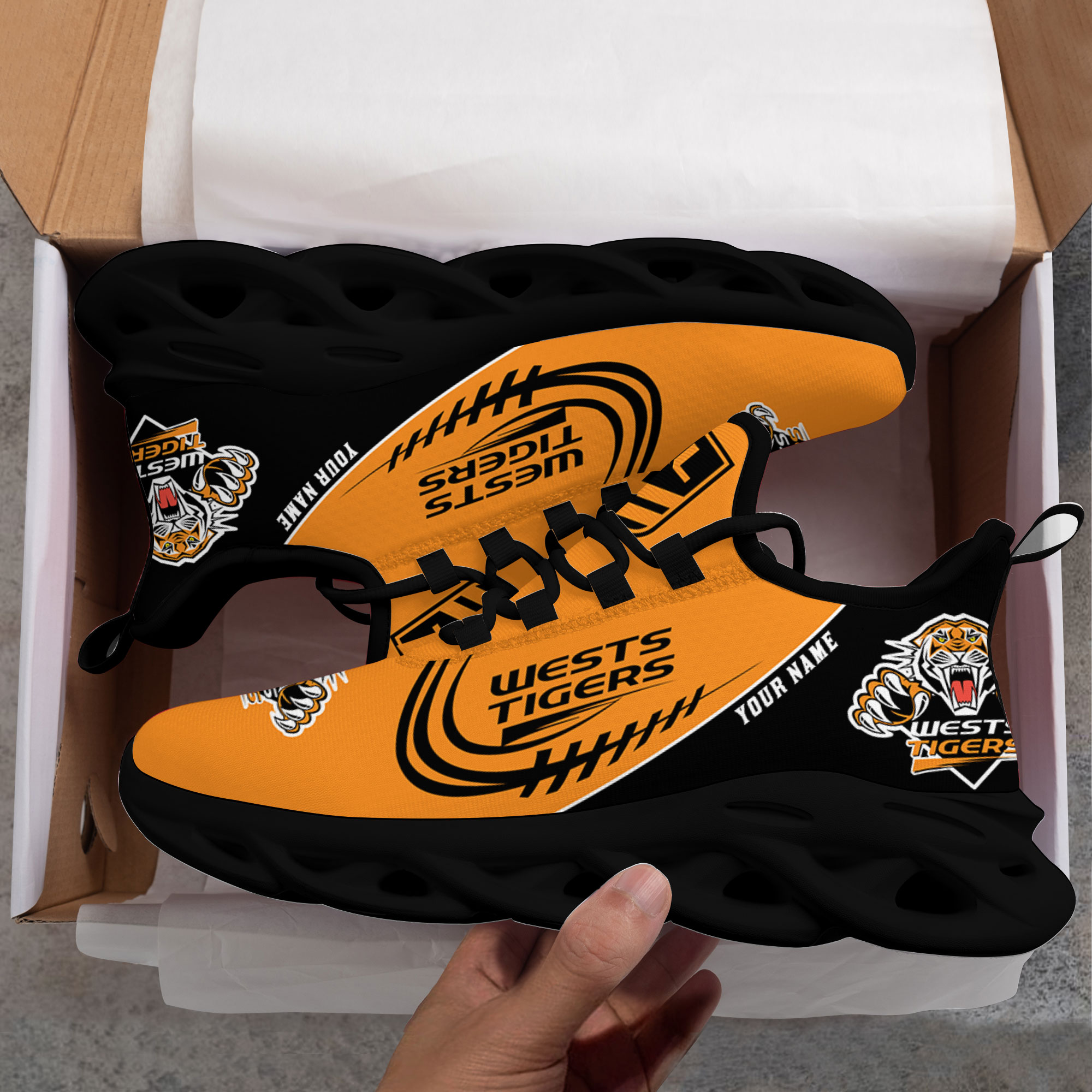 Custom Name Wests Tigers PERSONALIZED MAX SOUL SHOES DS006 - Famjoys Custom Name Wests Tigers PERSONALIZED MAX SOUL SHOES DS006 - Famjoys