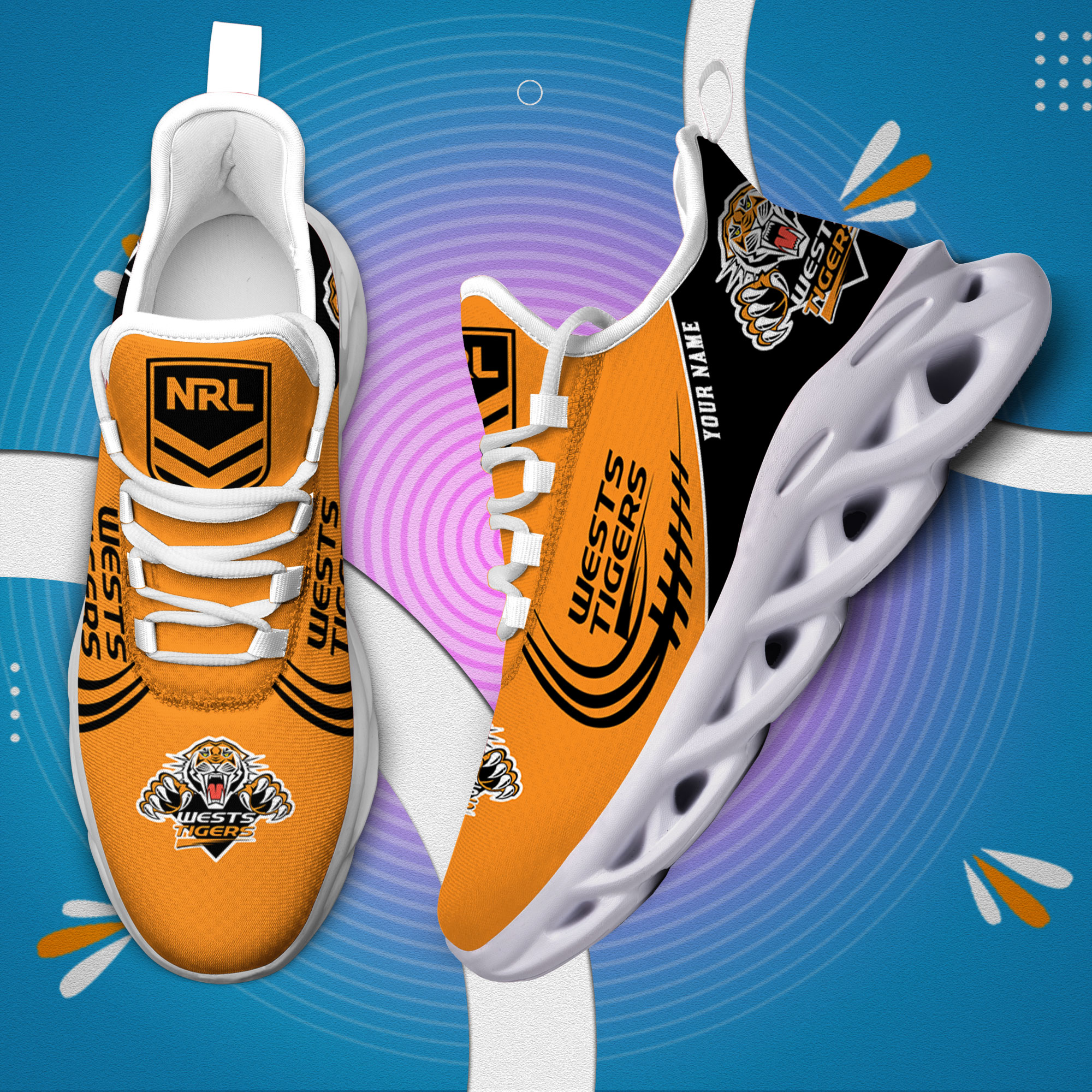 Custom Name Wests Tigers PERSONALIZED MAX SOUL SHOES DS006 - Famjoys Custom Name Wests Tigers PERSONALIZED MAX SOUL SHOES DS006 - Famjoys
