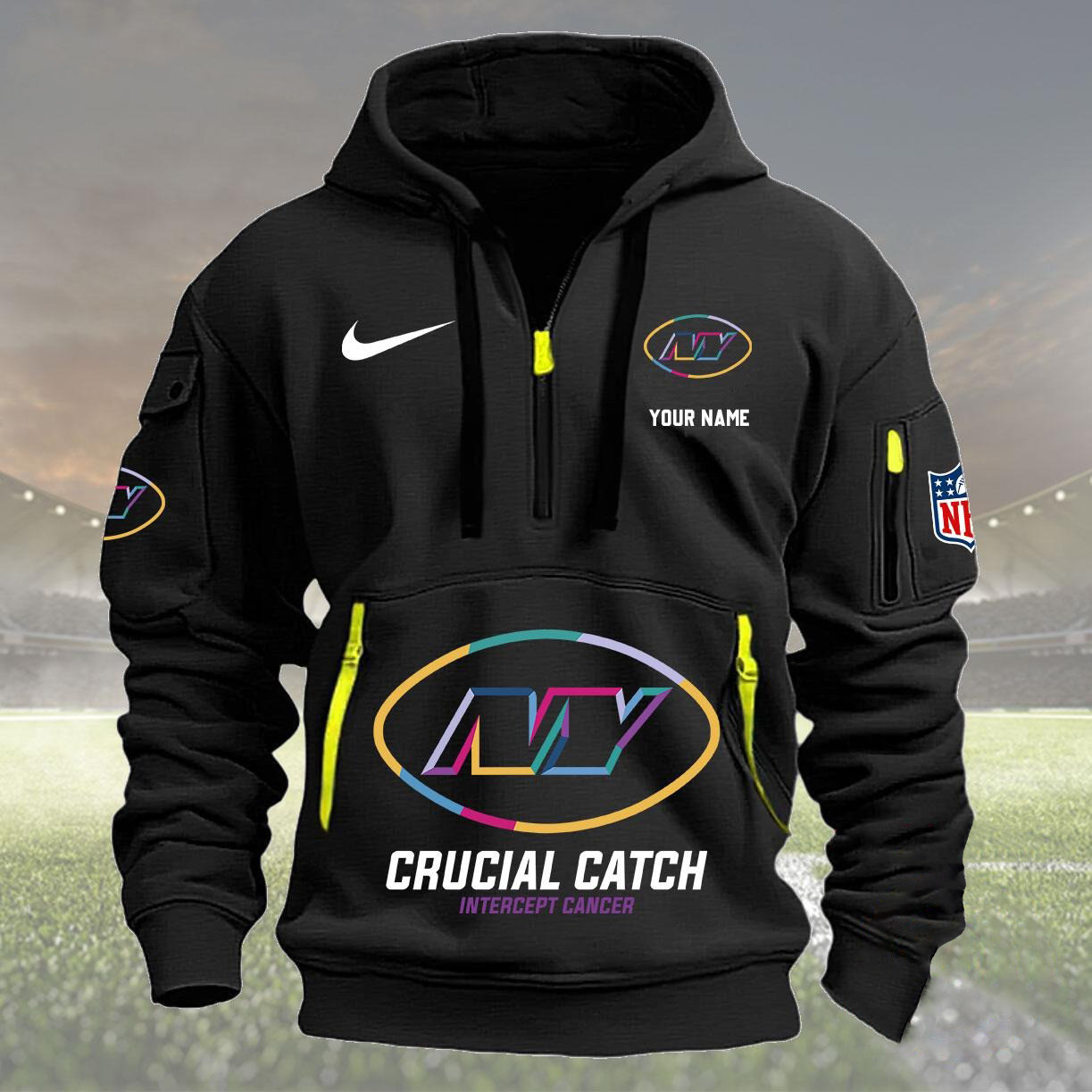 Custom NY New York Jets Baseball Quarter Half Zip Hoodie Crucial Catch Intercept Cancer - Famjoys Custom NY New York Jets Baseball Quarter Half Zip Hoodie Crucial Catch Intercept Cancer - Famjoys