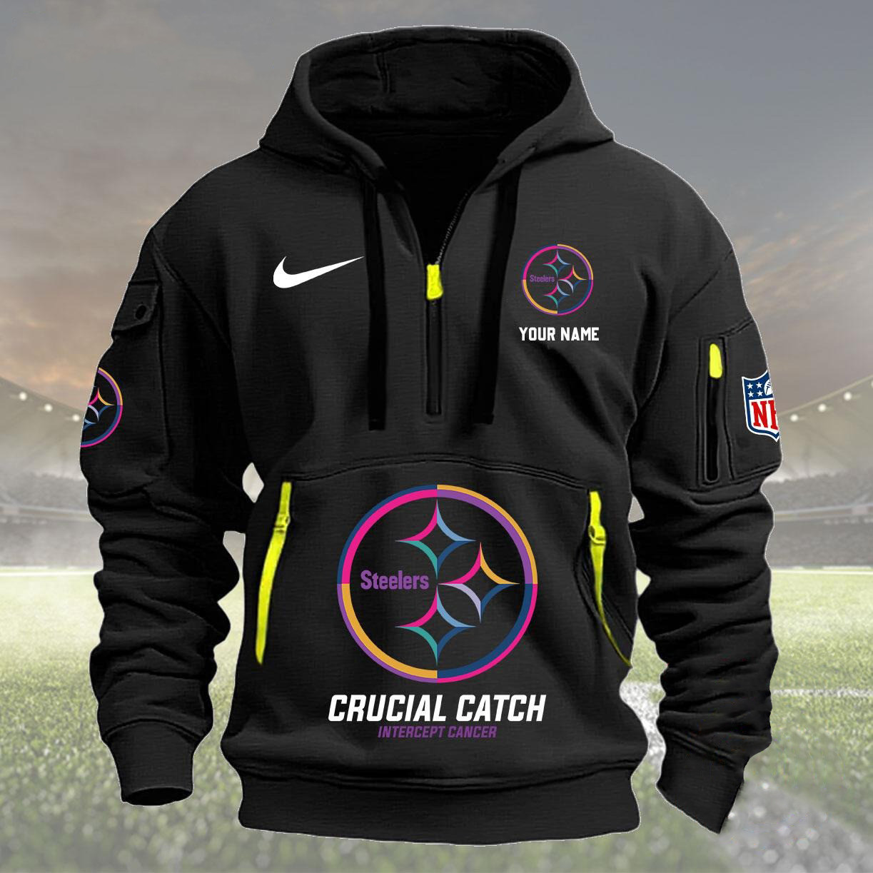 Custom Pittsburgh Steelers 2024 Quarter Zip Hoodie Crucial Catch Intercept Cancer - Famjoys Custom Pittsburgh Steelers 2024 Quarter Zip Hoodie Crucial Catch Intercept Cancer - Famjoys