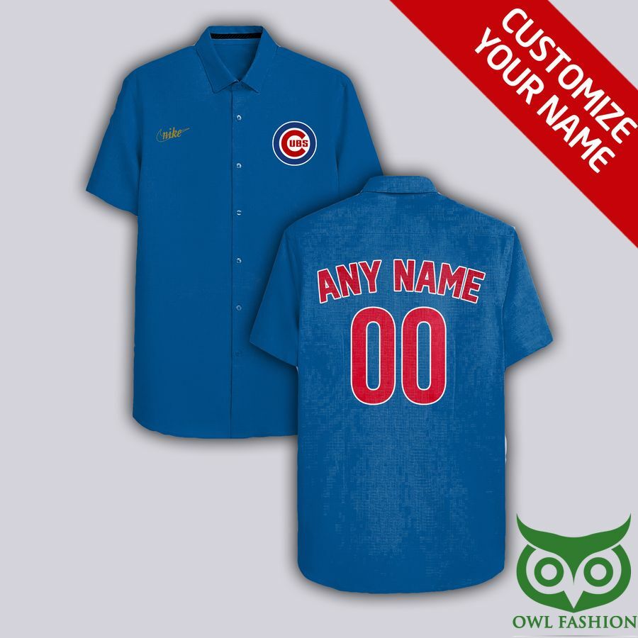 Customized Chicago Cubs Blue With Yellow Brand Name Hawaiian Shirt - Famjoys Customized Chicago Cubs Blue With Yellow Brand Name Hawaiian Shirt - Famjoys