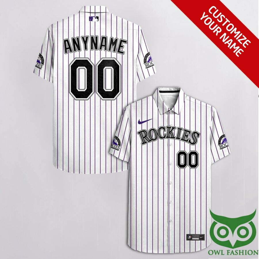 Customized Colorado Rockies White With Stripes And Cassette On Hem Hawaiian Shirt - Famjoys Customized Colorado Rockies White With Stripes And Cassette On Hem Hawaiian Shirt - Famjoys