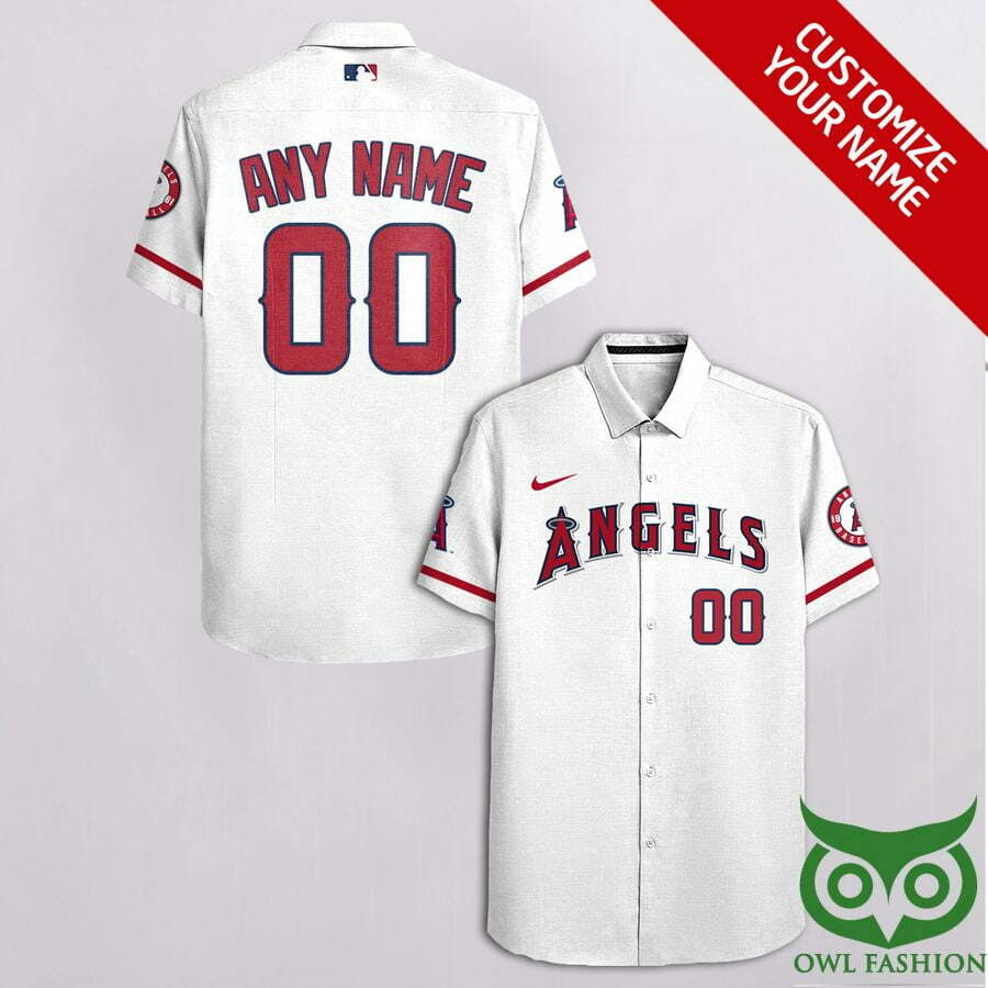 Customized Los Angeles Angels White With Red And Team Hawaiian Shirt - Famjoys Customized Los Angeles Angels White With Red And Team Hawaiian Shirt - Famjoys