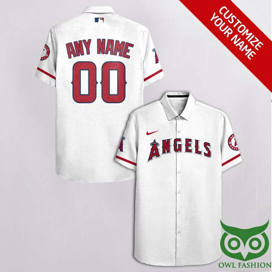 Customized Los Angeles Angels White With Red On Sleeves Hawaiian Shirt - Famjoys Customized Los Angeles Angels White With Red On Sleeves Hawaiian Shirt - Famjoys