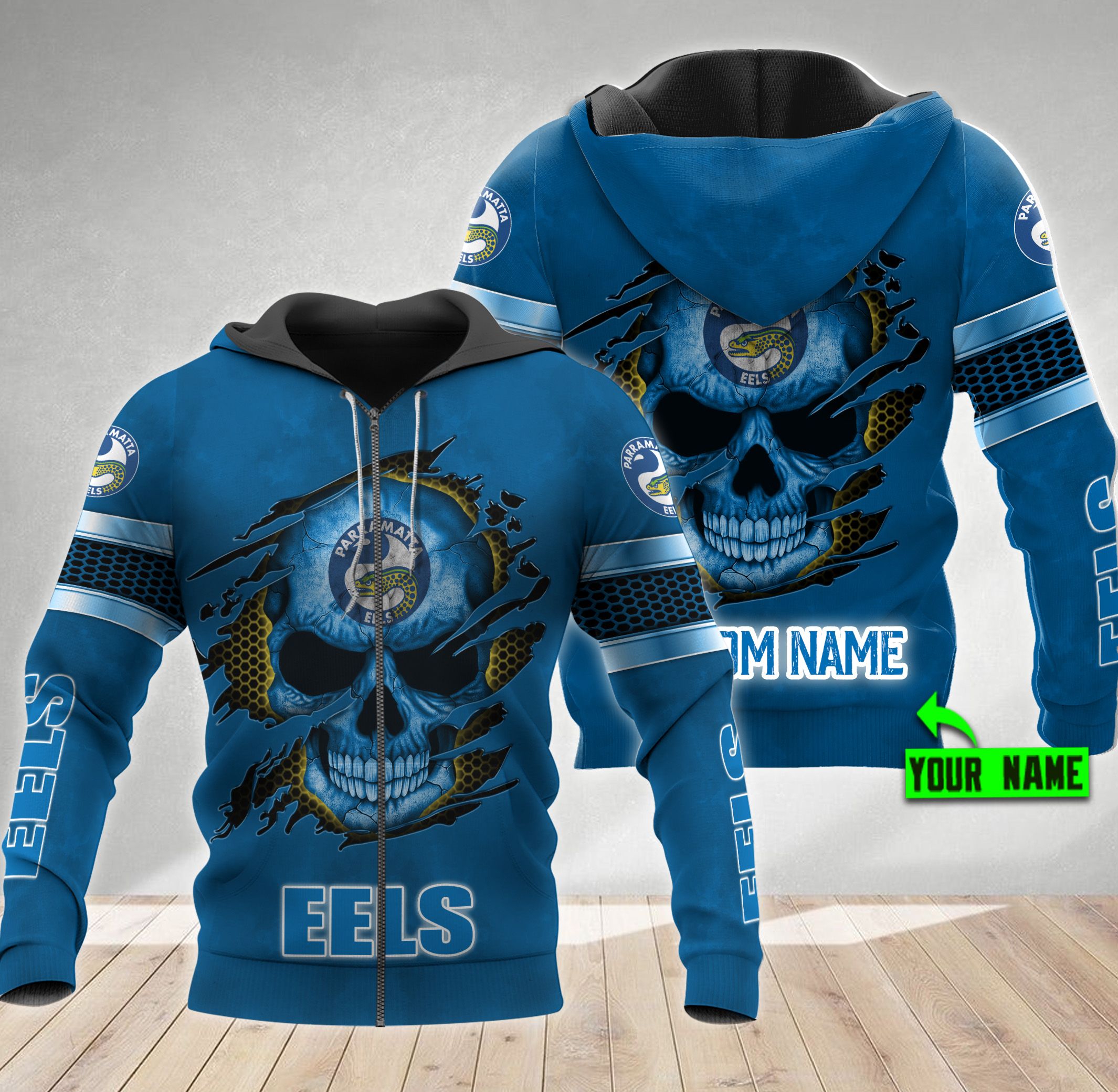 Customized Parramatta Eels Nrl Skull 3D All Over Print Hoodie With Personalized Name - Famjoys Customized Parramatta Eels Nrl Skull 3D All Over Print Hoodie With Personalized Name - Famjoys