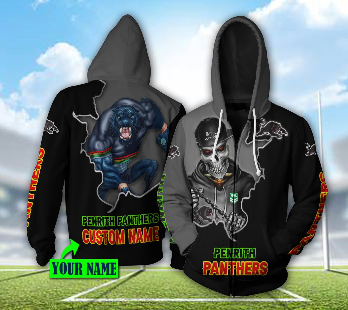 Customized Penrith Panthers Nrl 3D Hoodie With Mascot Skull And Personalized Name All Over Print - Famjoys Customized Penrith Panthers Nrl 3D Hoodie With Mascot Skull And Personalized Name All Over Print - Famjoys