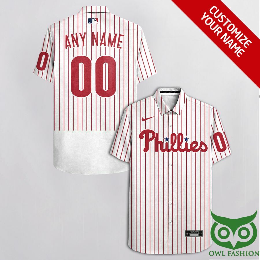 Customized Philadelphia Phillies White Red Number On Sleeves Hawaiian Shirt - Famjoys Customized Philadelphia Phillies White Red Number On Sleeves Hawaiian Shirt - Famjoys