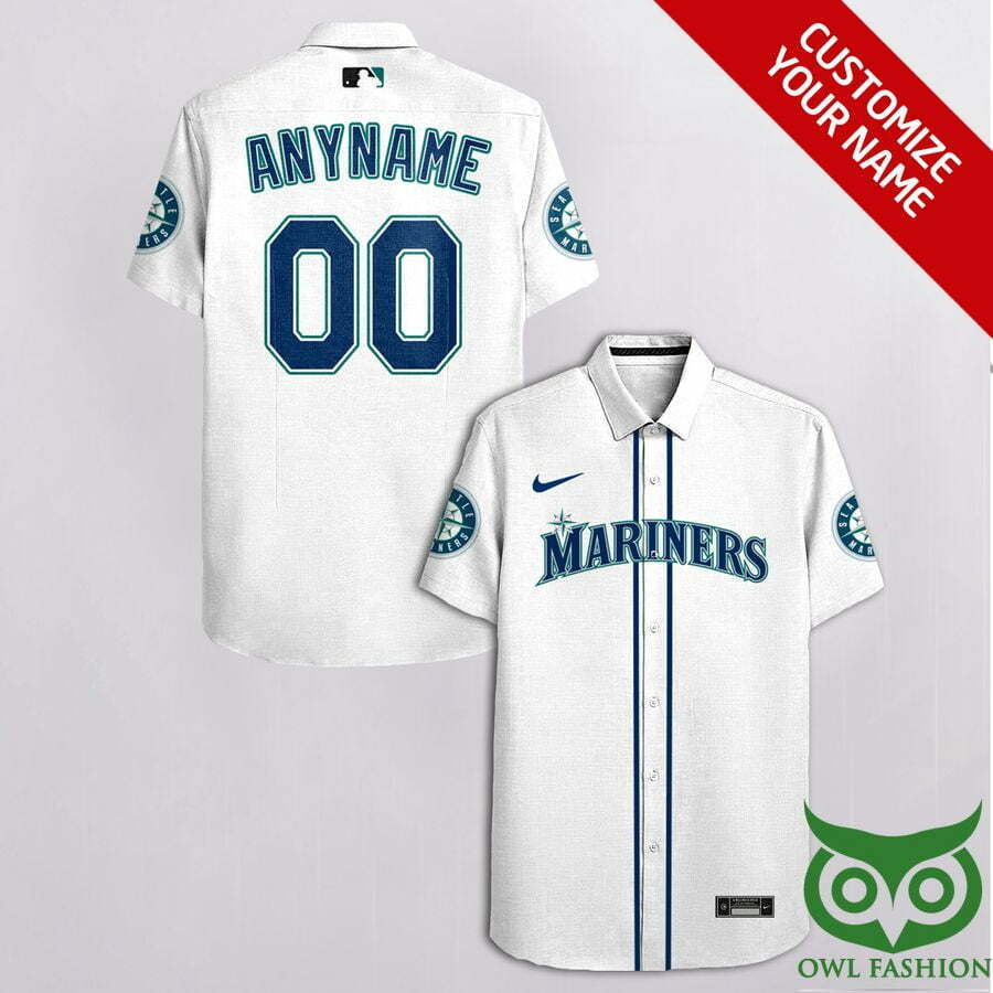 Customized Seattle Mariners White With Blue Hawaiian Shirt - Famjoys Customized Seattle Mariners White With Blue Hawaiian Shirt - Famjoys