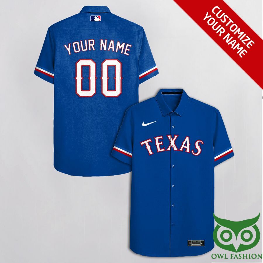 Customized Texas Rangers Blue With White Red And Team Hawaiian Shirt - Famjoys Customized Texas Rangers Blue With White Red And Team Hawaiian Shirt - Famjoys
