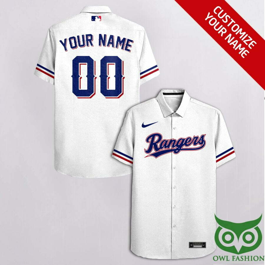 Customized Texas Rangers White With Blue Cassette Hawaiian Shirt - Famjoys Customized Texas Rangers White With Blue Cassette Hawaiian Shirt - Famjoys