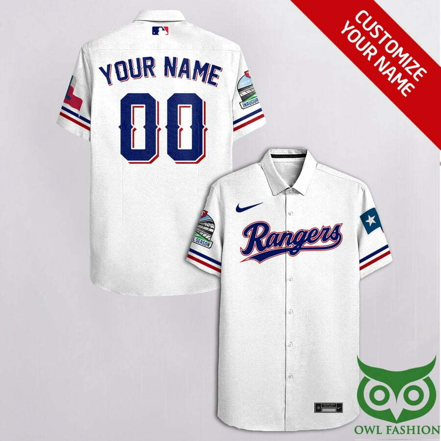 Customized Texas Rangers White With Sapphire Blue Hawaiian Shirt - Famjoys Customized Texas Rangers White With Sapphire Blue Hawaiian Shirt - Famjoys