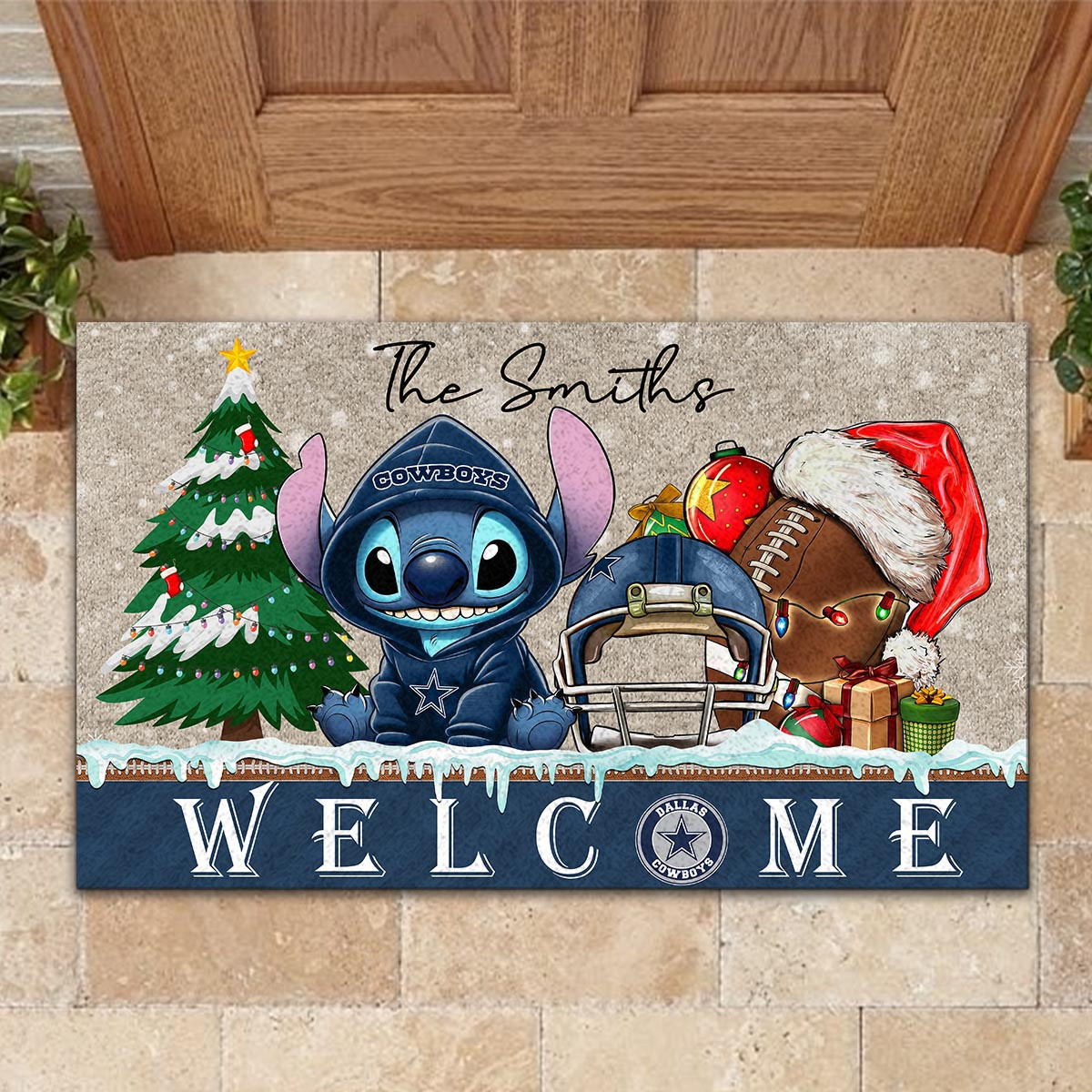 Dallas Cowboys Cute Stitch Christmas Doormat - Famjoys Dallas Cowboys Cute Stitch Christmas Doormat - Famjoys