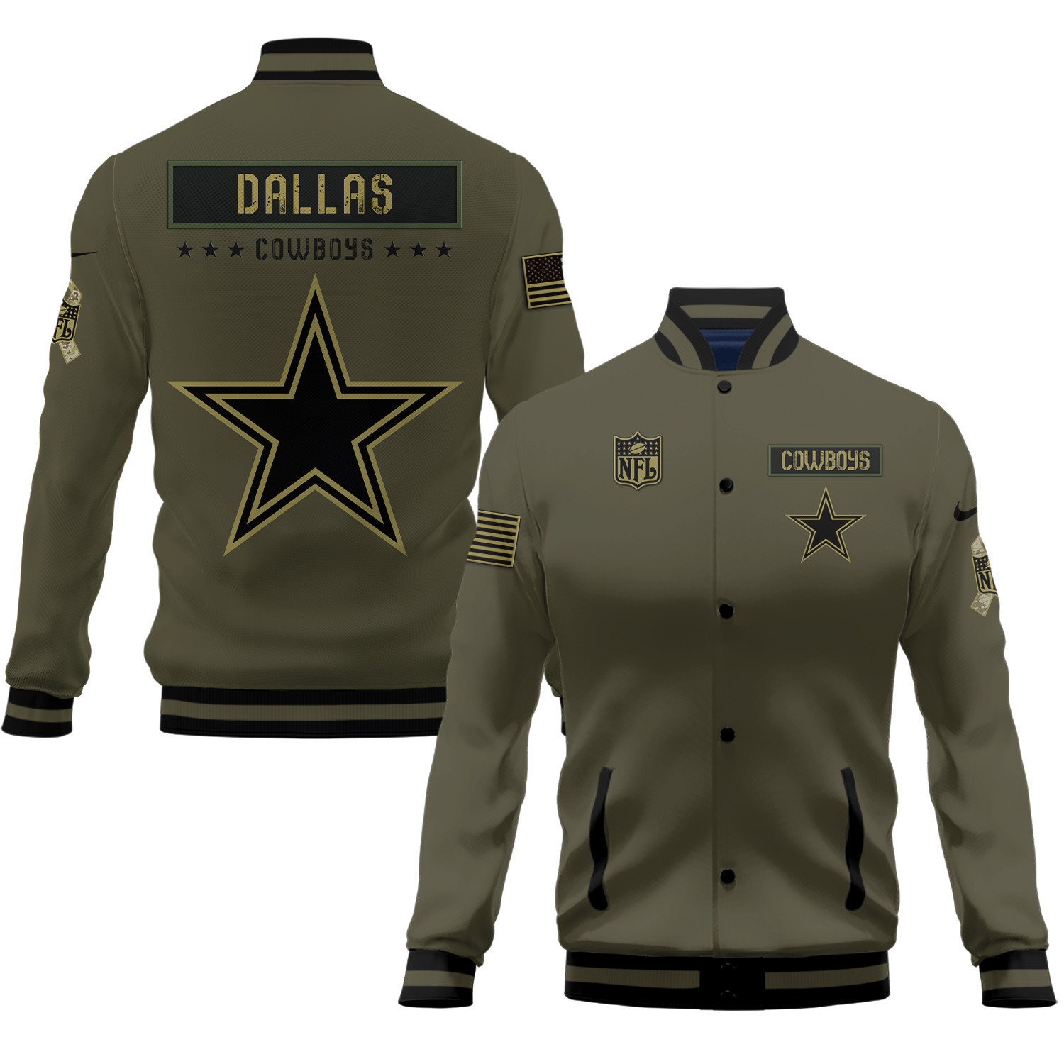 Dallas Cowboys Salute To Service Club Baseball Jacket Varsity Jacket - Green - Famjoys Dallas Cowboys Salute To Service Club Baseball Jacket Varsity Jacket - Green - Famjoys