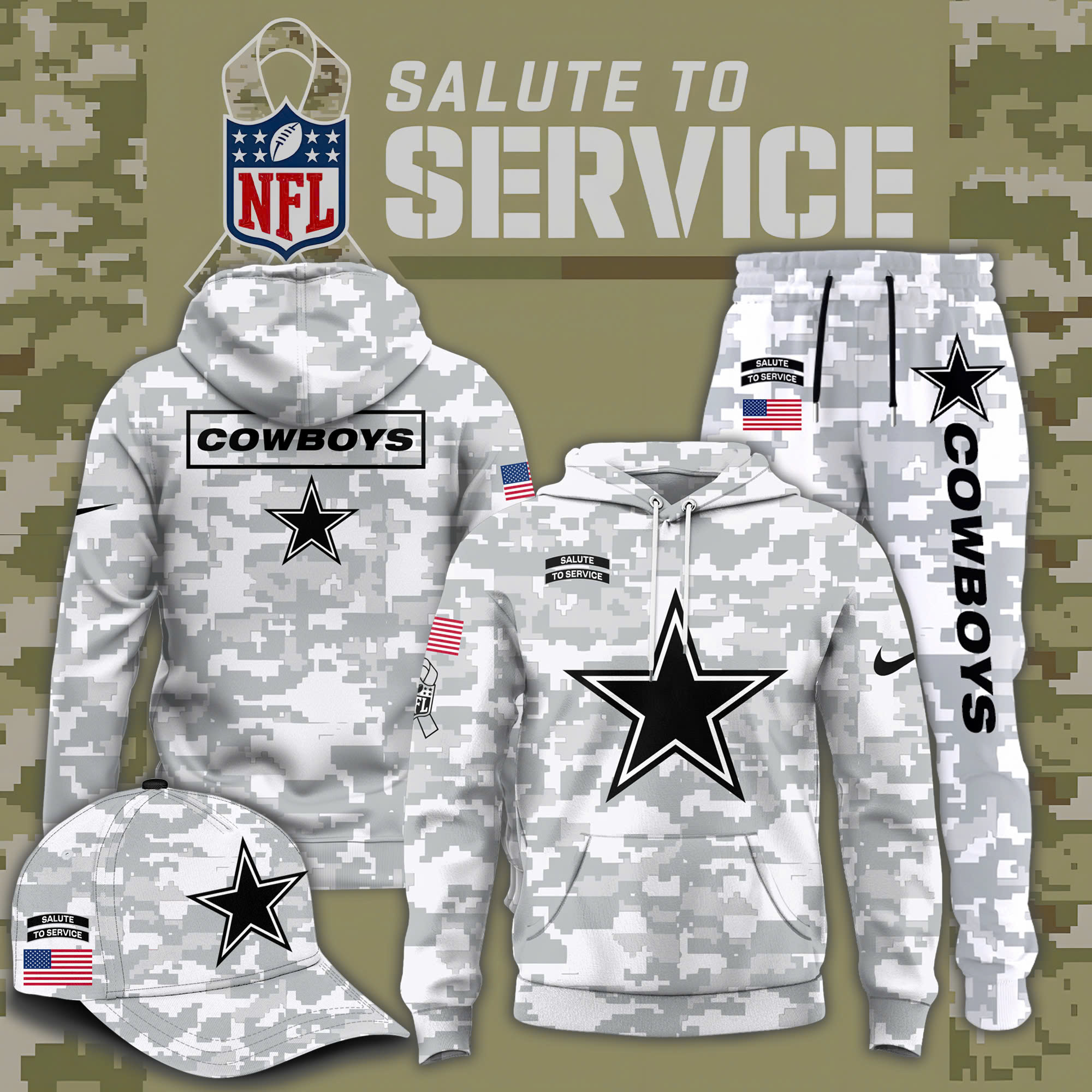 Dallas Cowboys Salute to Service Club Fleece Pullover Arctic Camo Hoodie - Famjoys Dallas Cowboys Salute to Service Club Fleece Pullover Arctic Camo Hoodie - Famjoys