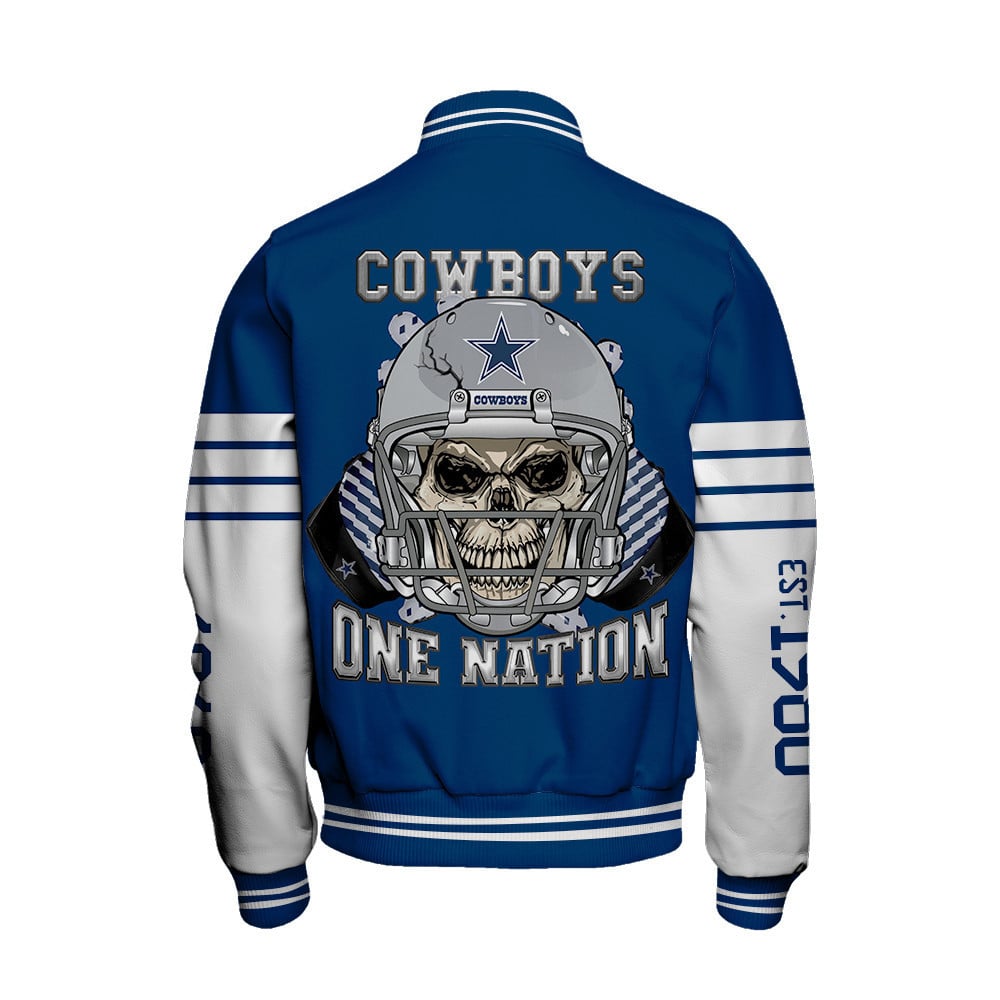Dallas Cowboys Skull And Gloves Pattern Varsity Jacket - Famjoys Dallas Cowboys Skull And Gloves Pattern Varsity Jacket - Famjoys