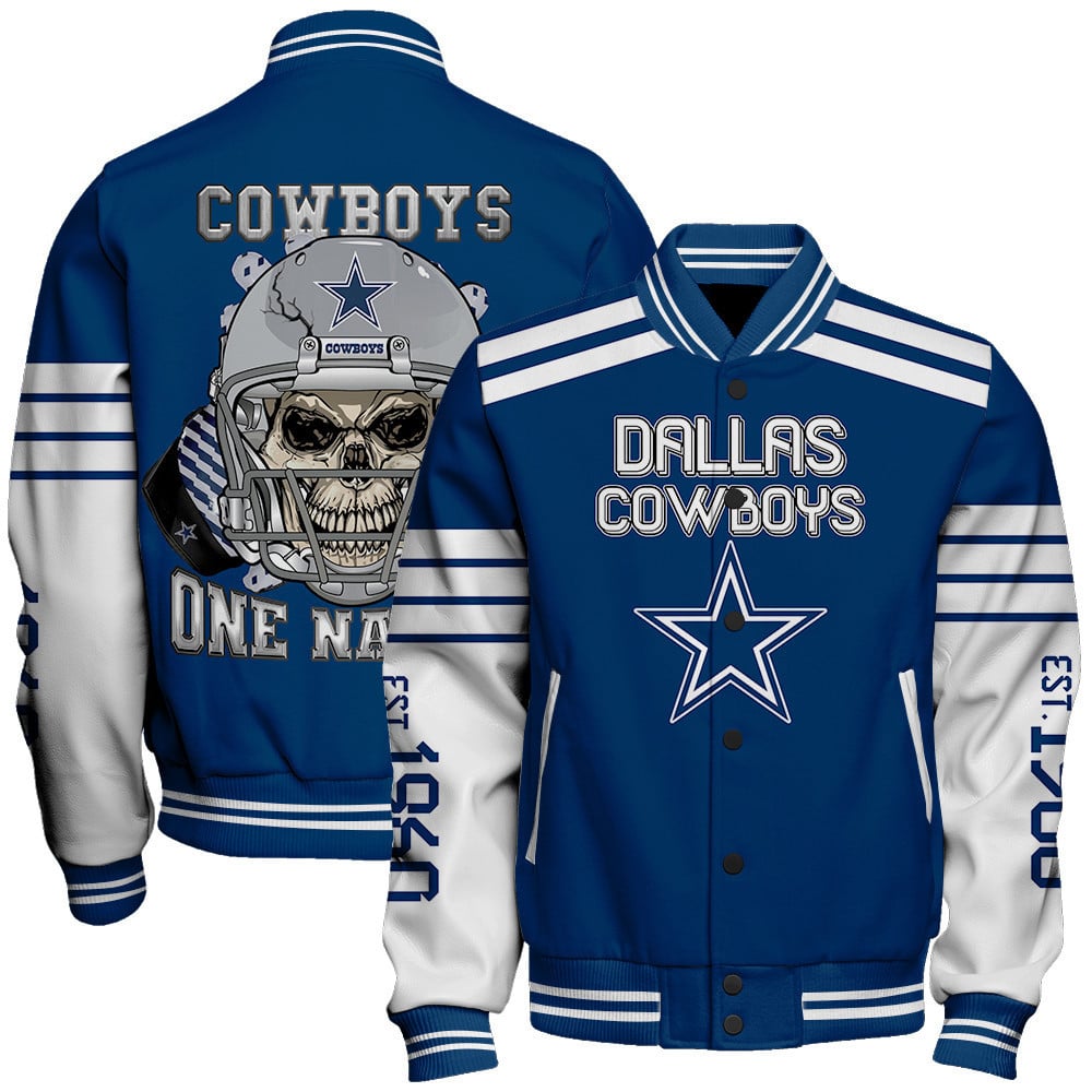 Dallas Cowboys Skull And Gloves Pattern Varsity Jacket - Famjoys Dallas Cowboys Skull And Gloves Pattern Varsity Jacket - Famjoys