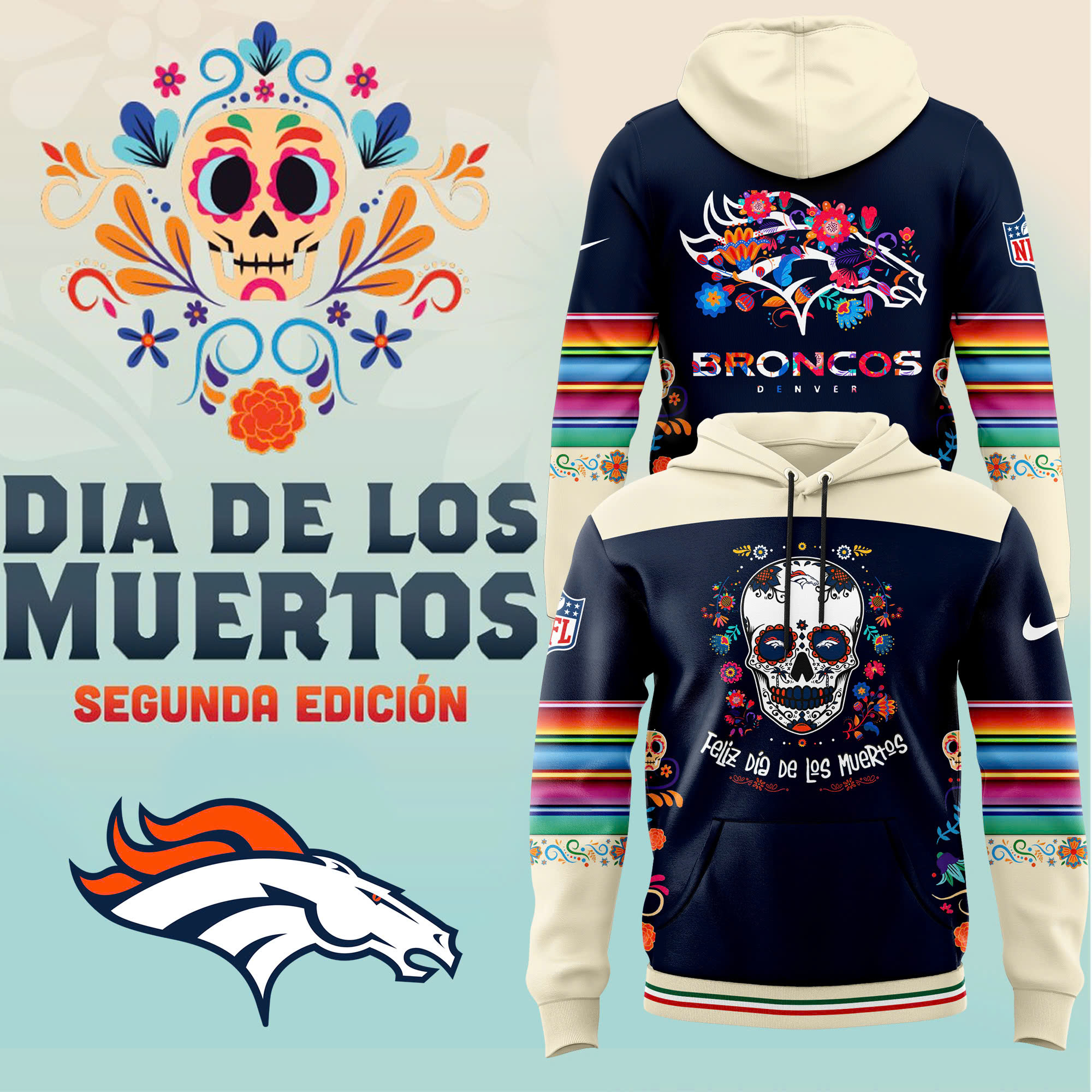 Denver Broncos Dia De Los Muertos Premium Pullover Hoodie - Famjoys Denver Broncos Dia De Los Muertos Premium Pullover Hoodie - Famjoys