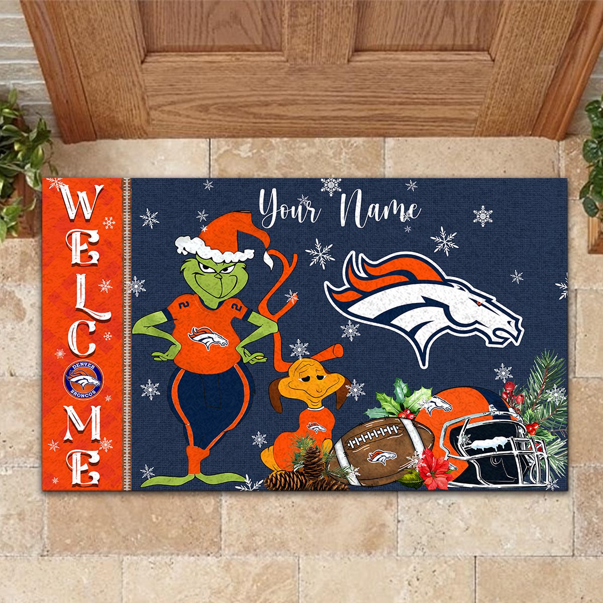 Denver Broncos Grinch Christmas Welcome Football Doormat - Famjoys Denver Broncos Grinch Christmas Welcome Football Doormat - Famjoys