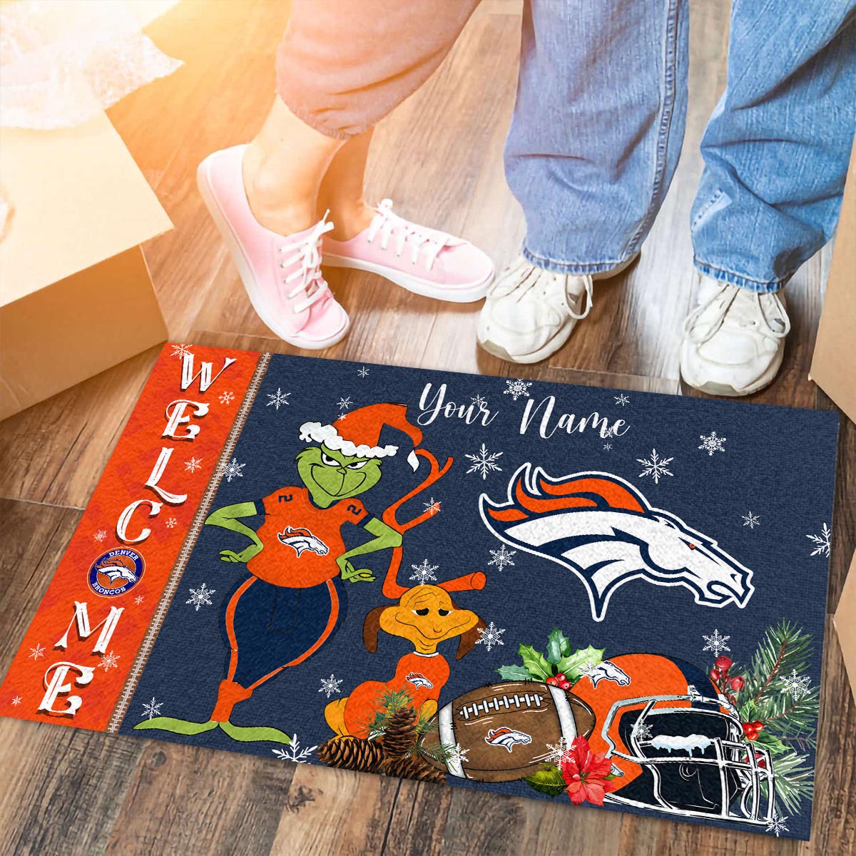 Denver Broncos Grinch Christmas Welcome Football Doormat - Famjoys Denver Broncos Grinch Christmas Welcome Football Doormat - Famjoys