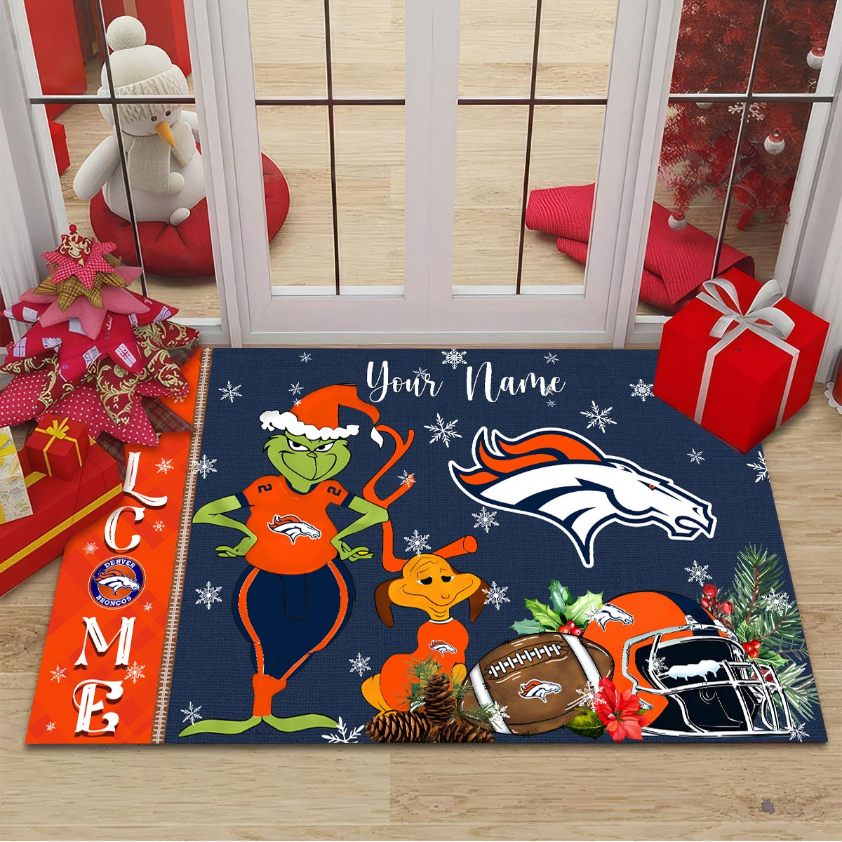 Denver Broncos Grinch Christmas Welcome Football Doormat - Famjoys Denver Broncos Grinch Christmas Welcome Football Doormat - Famjoys