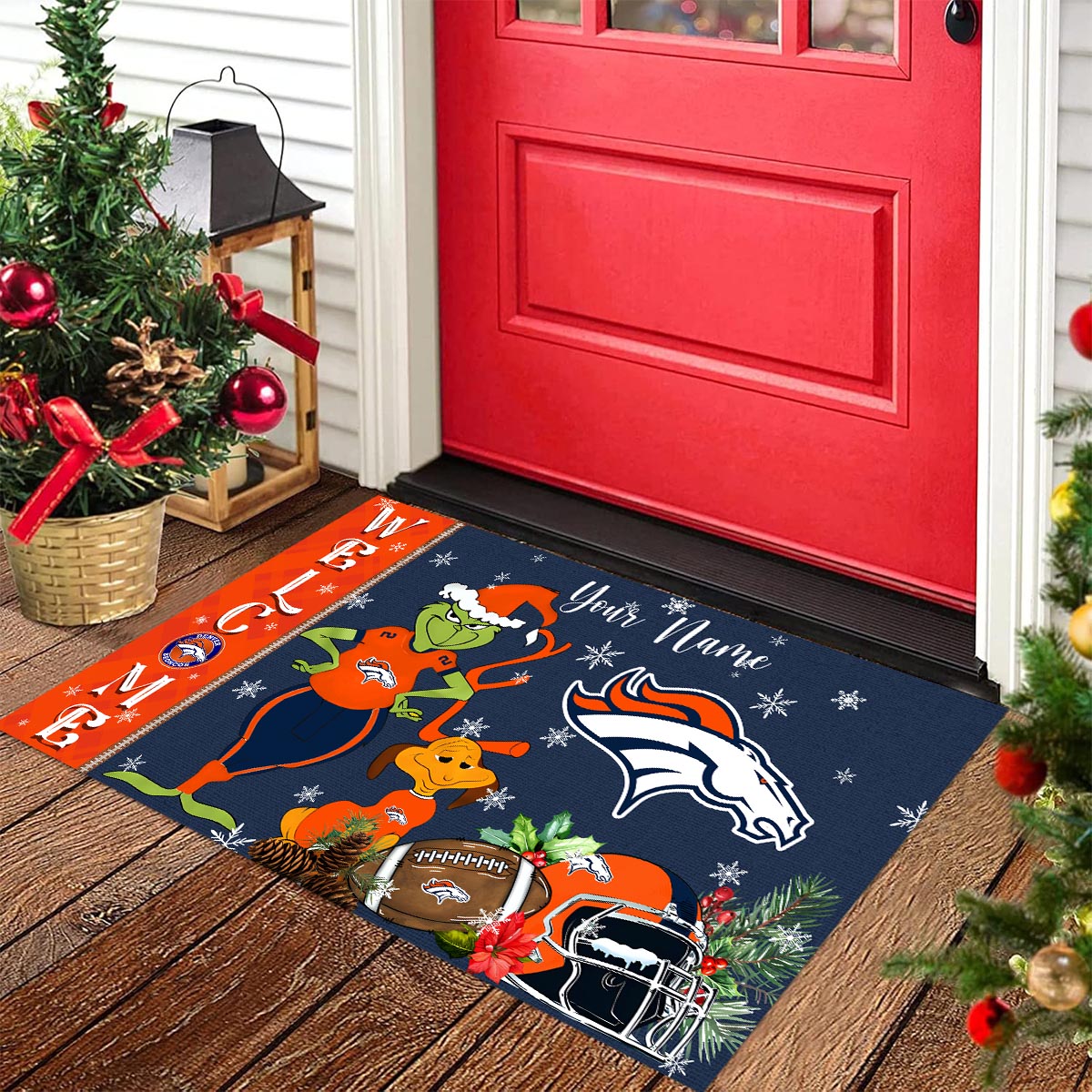 Denver Broncos Grinch Christmas Welcome Football Doormat - Famjoys Denver Broncos Grinch Christmas Welcome Football Doormat - Famjoys