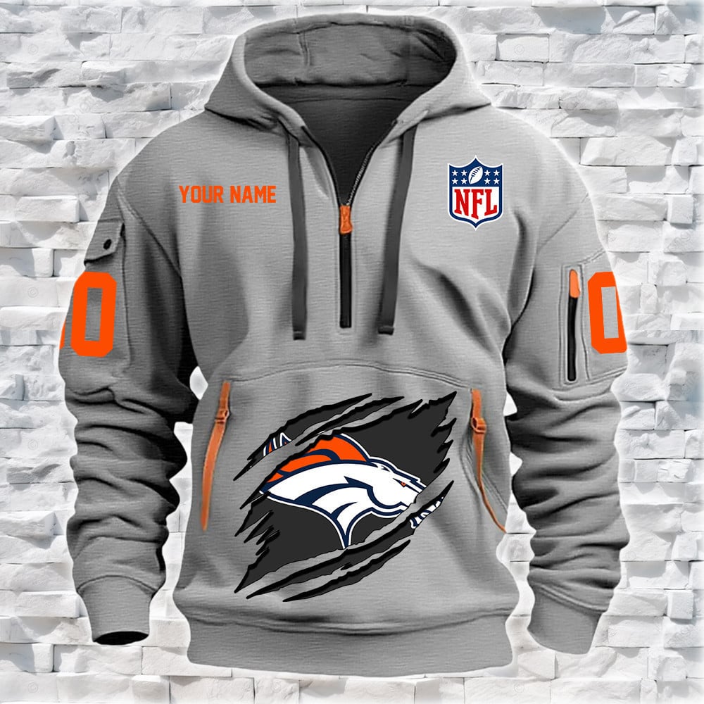 Denver Broncos New Personalized Quarter Zip Hoodie NA003 - Famjoys Denver Broncos New Personalized Quarter Zip Hoodie NA003 - Famjoys
