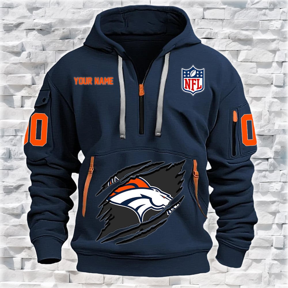 Denver Broncos New Personalized Quarter Zip Hoodie NA003 - Famjoys Denver Broncos New Personalized Quarter Zip Hoodie NA003 - Famjoys