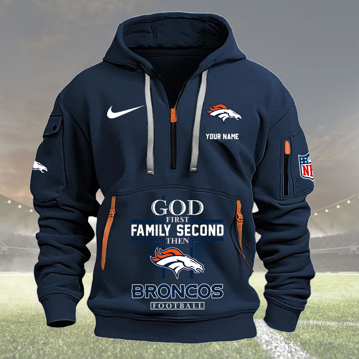 Denver Broncos Personalized Quarter Zip Hoodie New Collection AZBTQZH000250 - Famjoys Denver Broncos Personalized Quarter Zip Hoodie New Collection AZBTQZH000250 - Famjoys