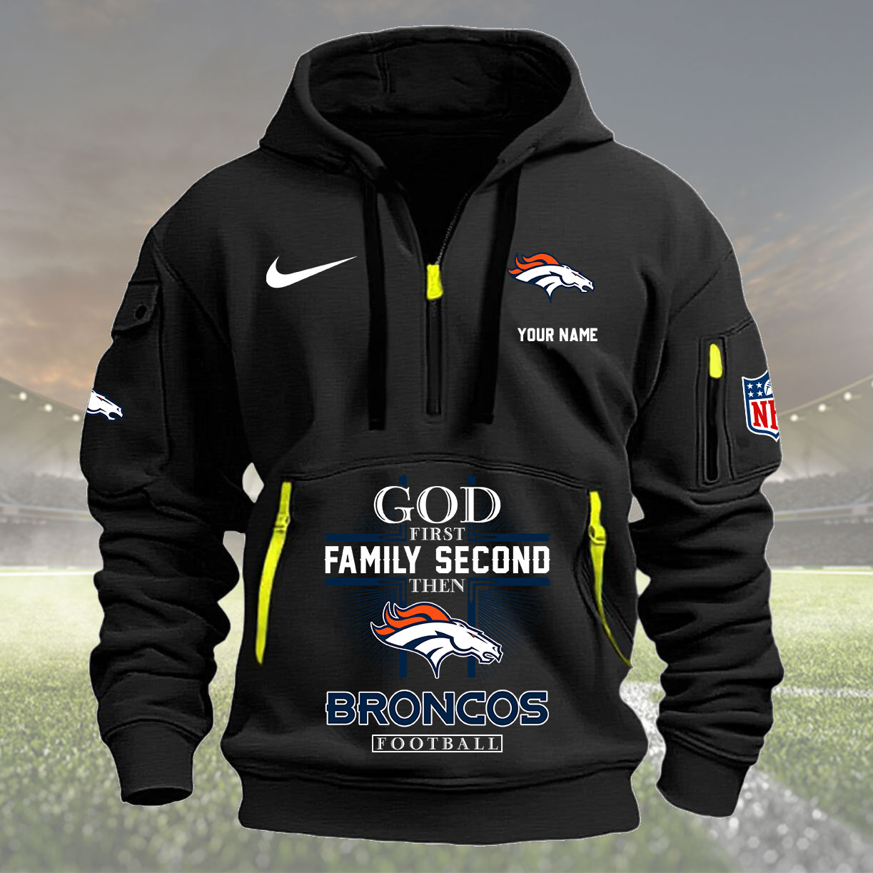 Denver Broncos Personalized Quarter Zip Hoodie New Collection AZBTQZH000250 - Famjoys Denver Broncos Personalized Quarter Zip Hoodie New Collection AZBTQZH000250 - Famjoys