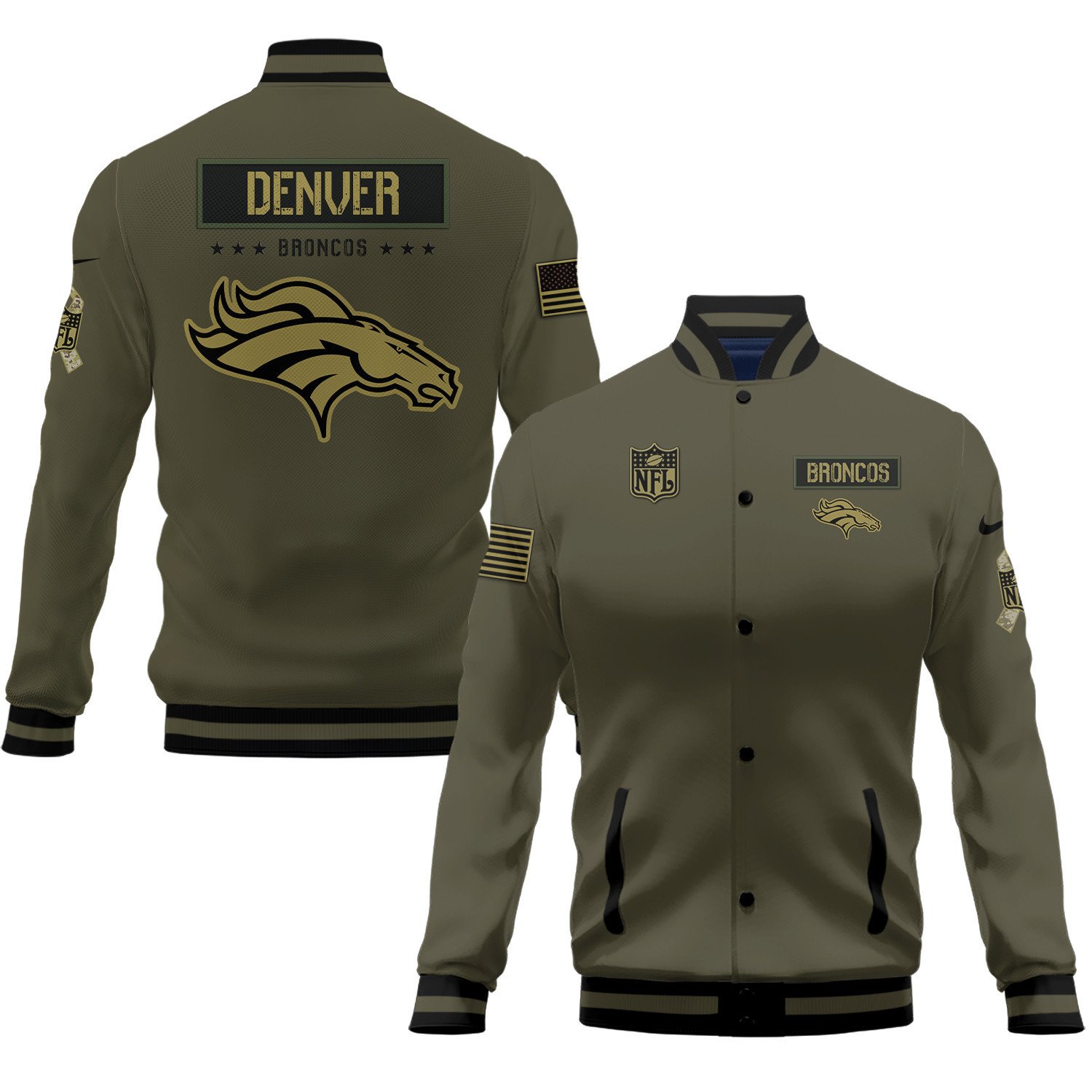 Denver Broncos Salute To Service Club Baseball Jacket Varsity Jacket - Green - Famjoys Denver Broncos Salute To Service Club Baseball Jacket Varsity Jacket - Green - Famjoys