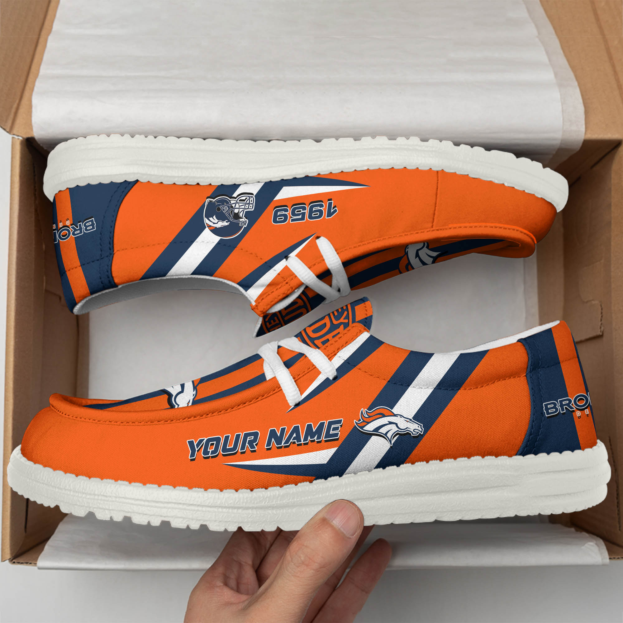 Denver Broncos Team White Canvas Loafer Shoes Personalized Your Name - Famjoys Denver Broncos Team White Canvas Loafer Shoes Personalized Your Name - Famjoys