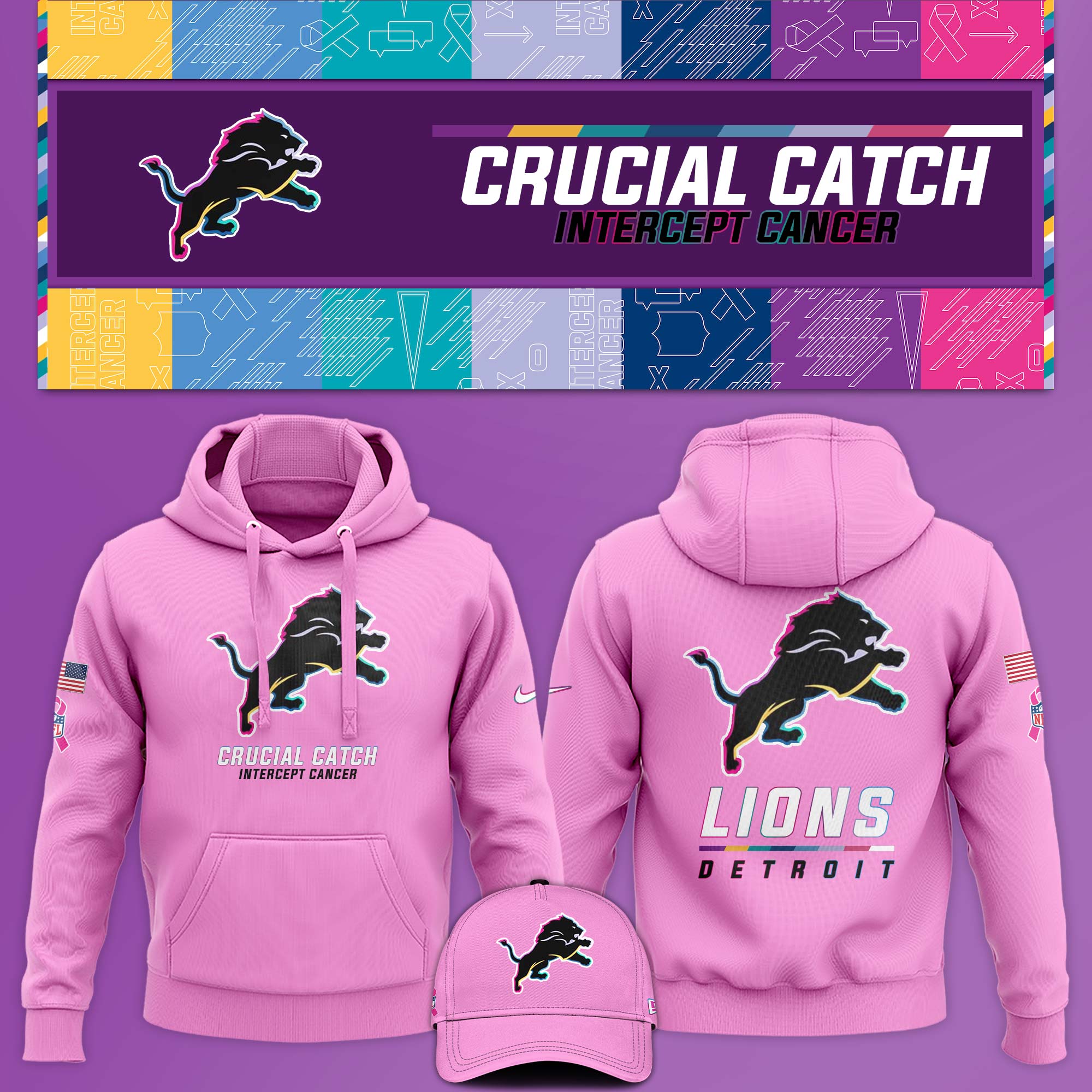 Detroit Lion Crucial Catch Hoodie V1 Pink - Famjoys Detroit Lion Crucial Catch Hoodie V1 Pink - Famjoys