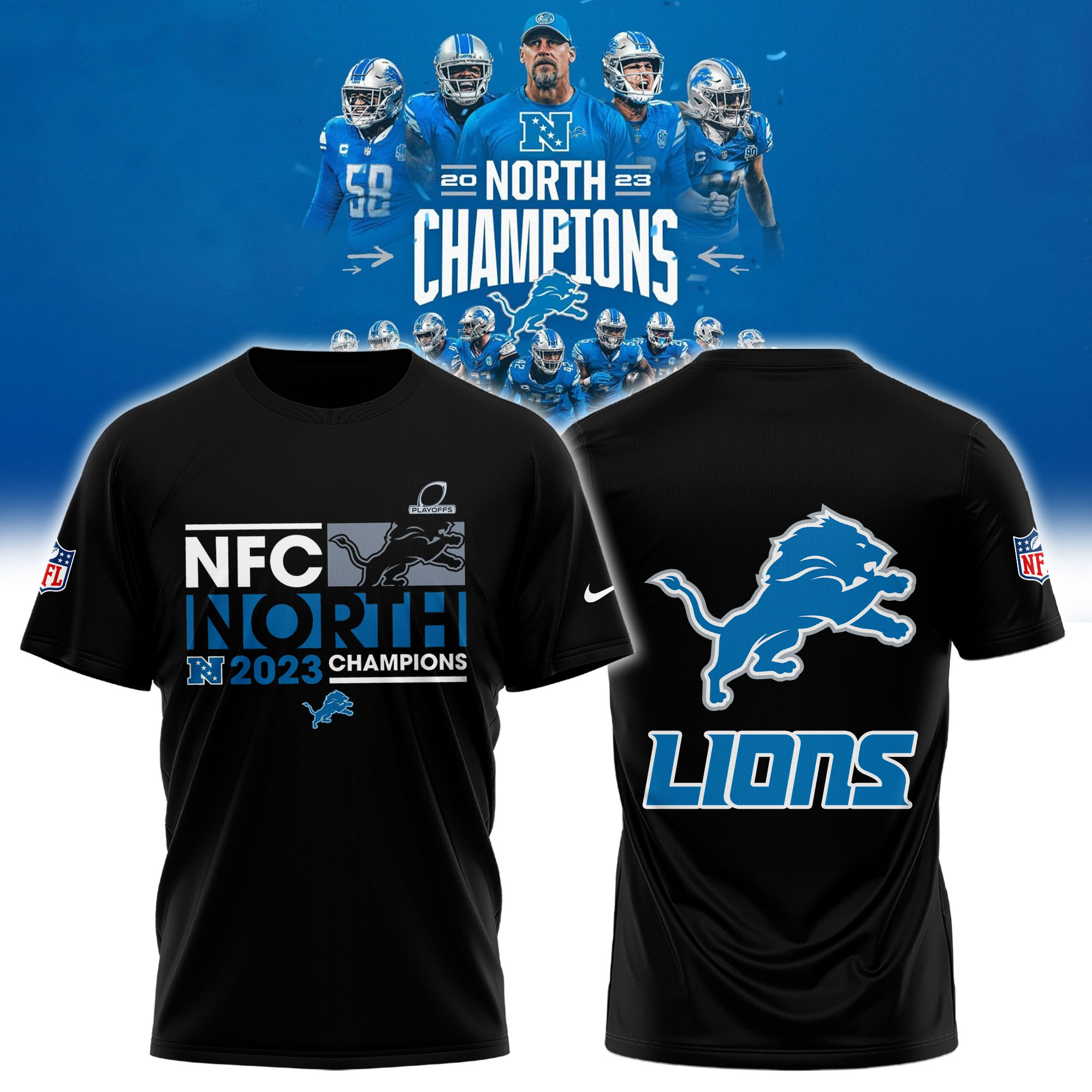Detroit Lions   Black 2023 NFC North Division Champions Locker Room Trophy Collection T Shirt Hoodie Zip Hoodie Sweatshirt