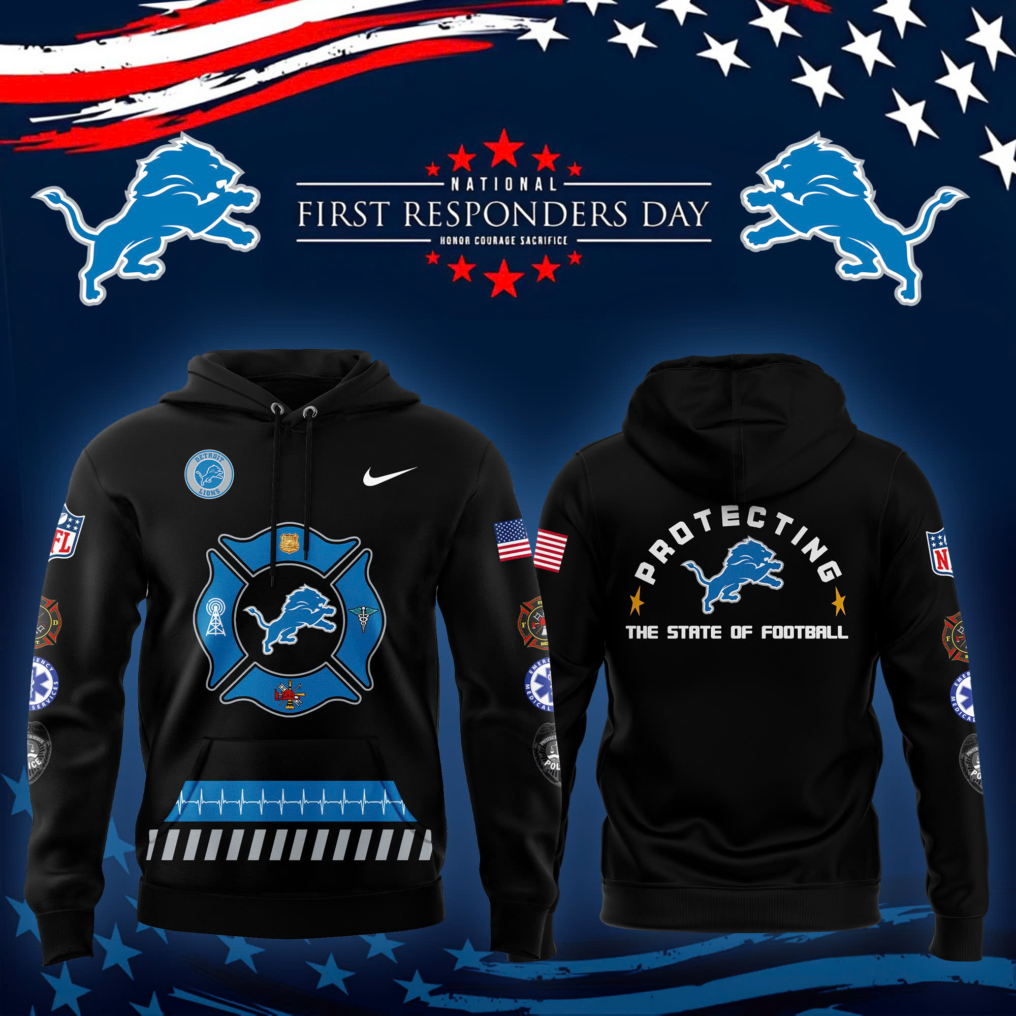 Detroit Lions First Responders Day Premium Pullover Hoodie - Famjoys Detroit Lions First Responders Day Premium Pullover Hoodie - Famjoys